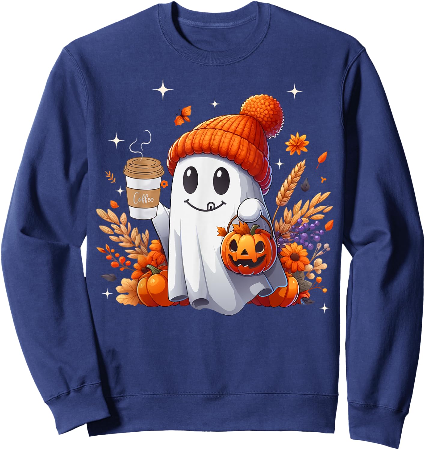 Men Women Autumn Cute Ghost Drinking Coffee Spooky Halloween Sweatshirt - Sweatshirt | Navy