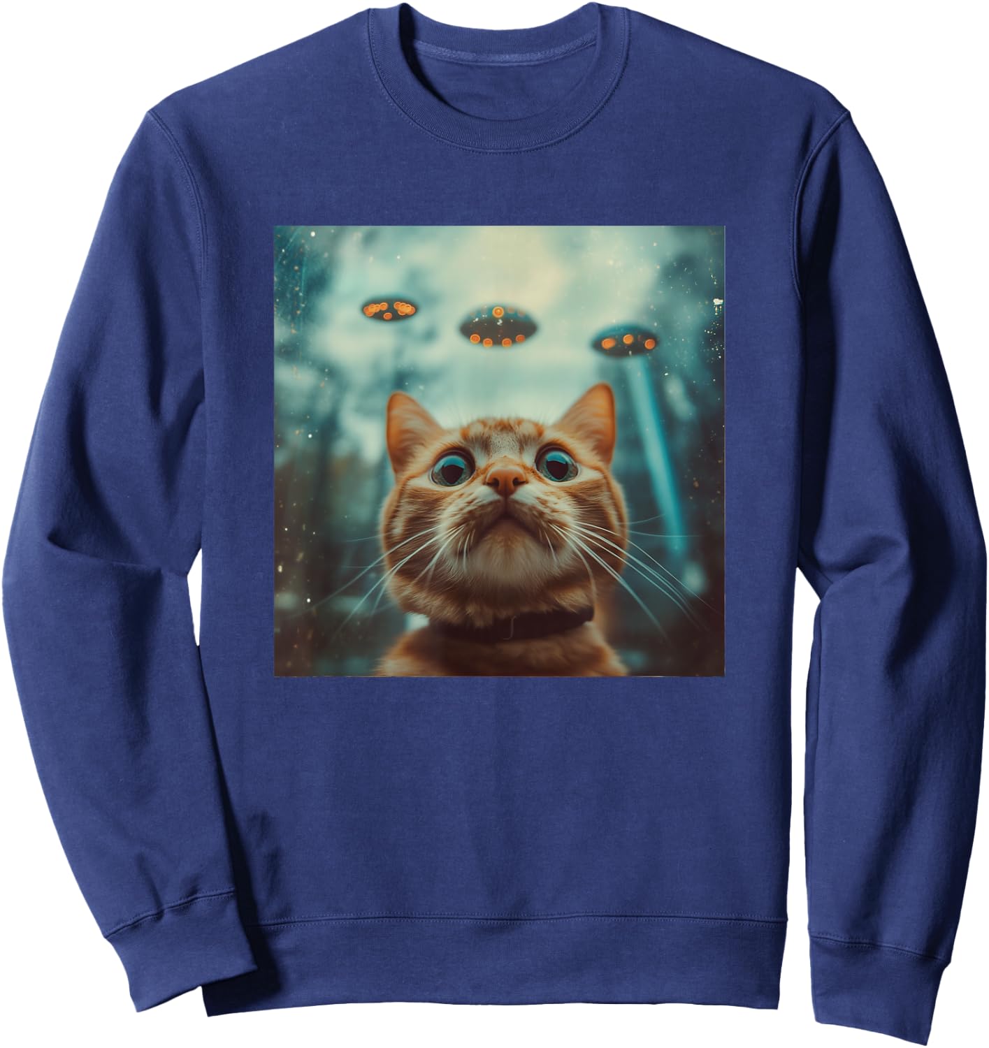 Cat Selfie with UFOs Weird Print Graphic Space Funny Sweatshirt - Sweatshirt | Navy