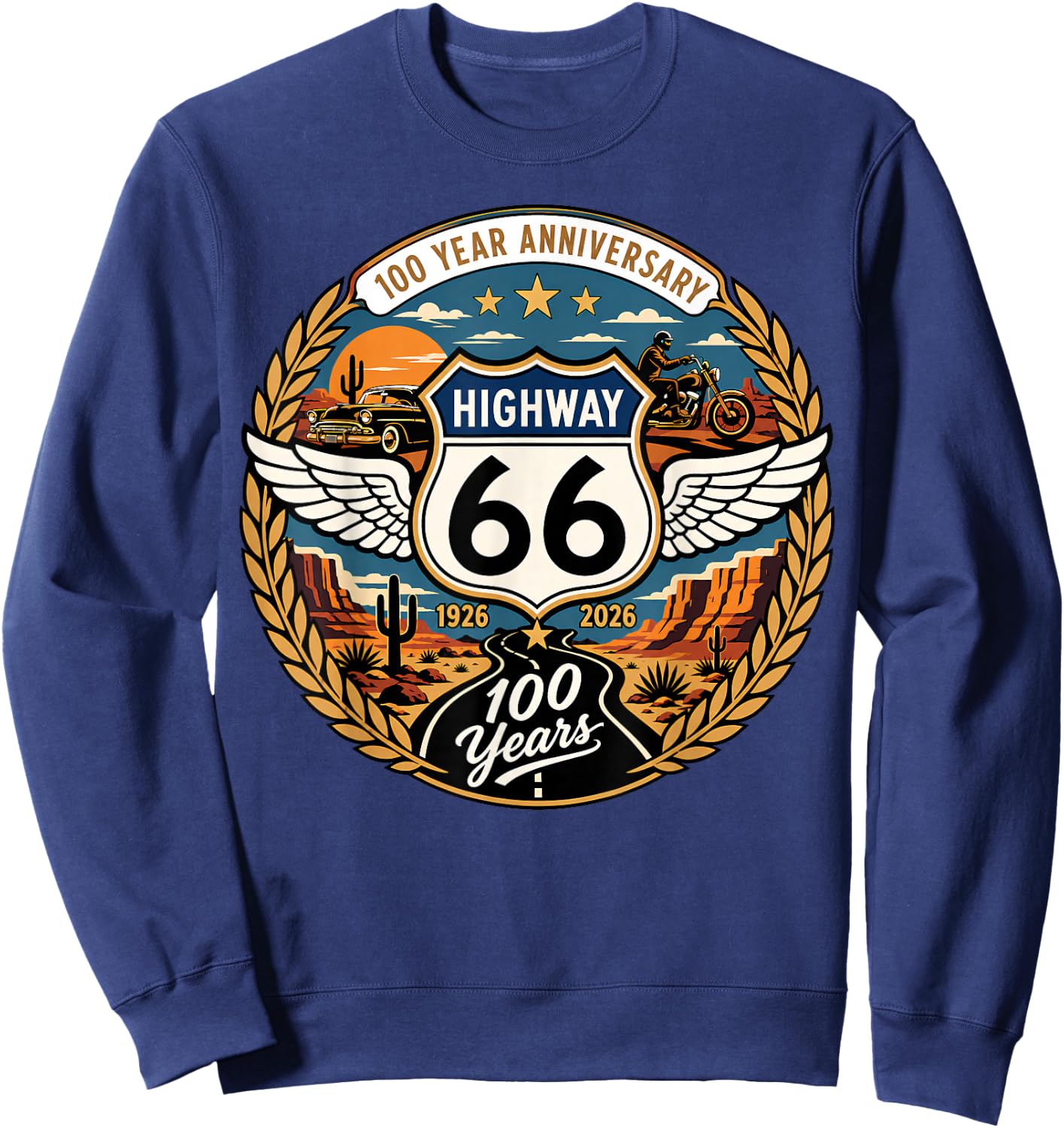 Highway 66 Centennial Car Anniversary 100 Years 1926-2026 Sweatshirt - Sweatshirt | Navy