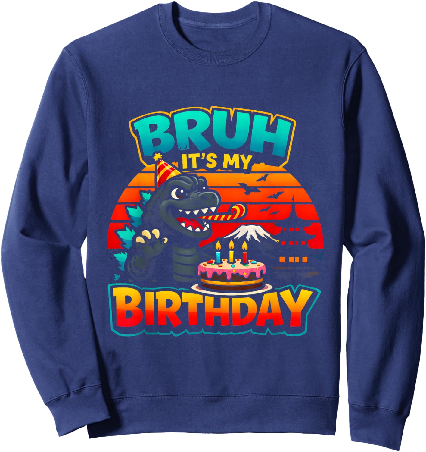 Funny Dinosaur It’s My Birthday Retro Sunset Giant Monster Sweatshirt - Sweatshirt | Navy