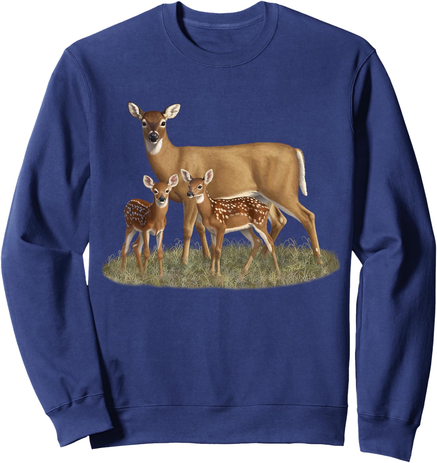 Whitetail Deer Doe & Cute Twin Fawns Wildlife Art Sweatshirt - Sweatshirt | Navy