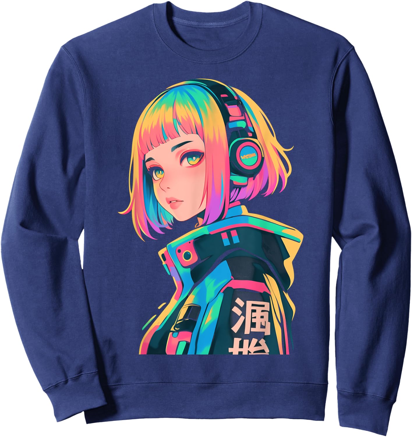 Anime Manga Gamer Girl Cyberpunk Aesthetic Techwear Harajuku Sweatshirt - Sweatshirt | Navy