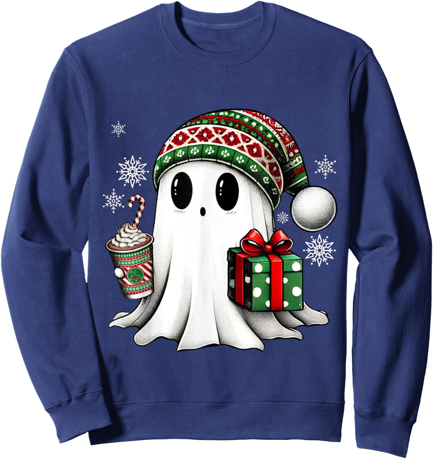 Christmas Cute Ghost Drink Coffee Funny Christmas Ghost Sweatshirt - Sweatshirt | Navy