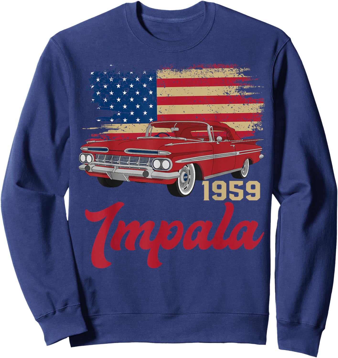 1959 59 Impala Old School Muscle Car American Flag Sweatshirt - Sweatshirt | Navy