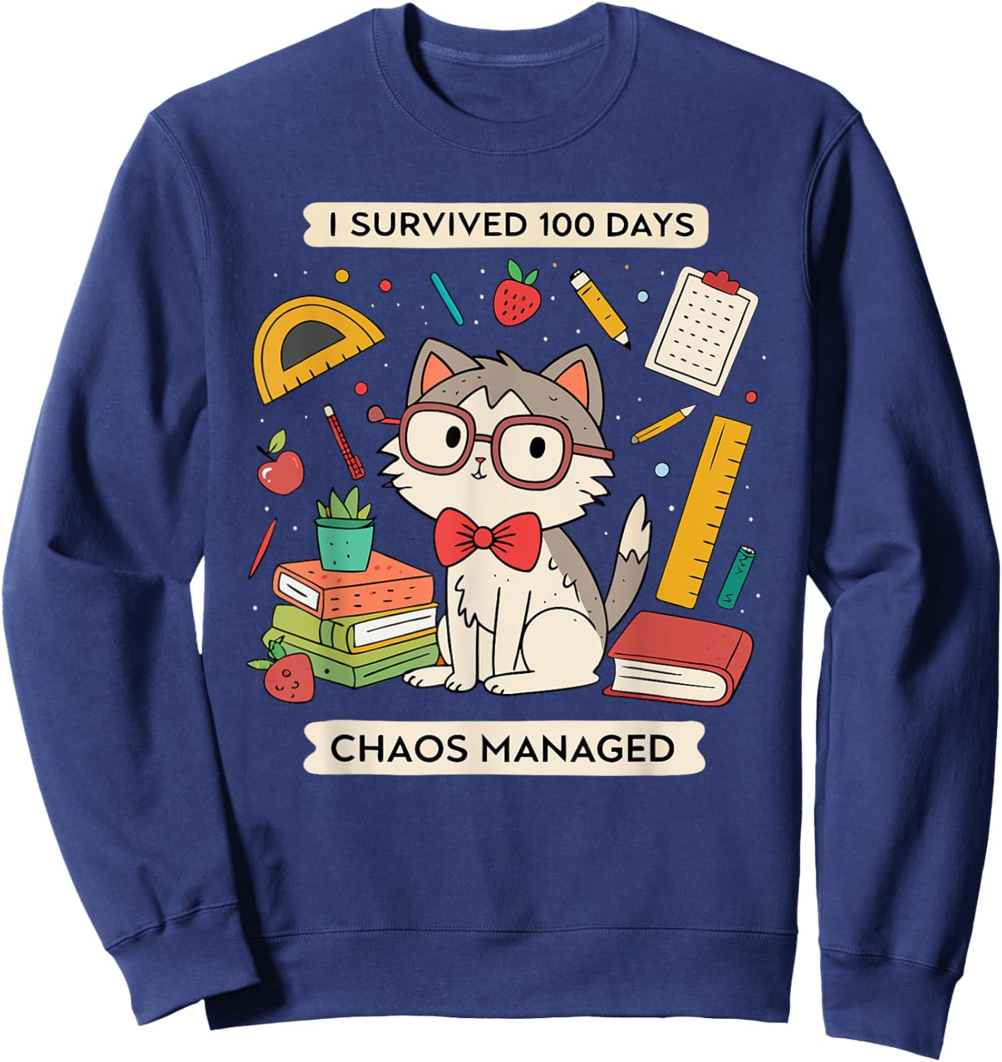 I Survived 100 Days Of School - Funny Cute Teacher Cat Men Women Kids Sweatshirt - Sweatshirt | Navy