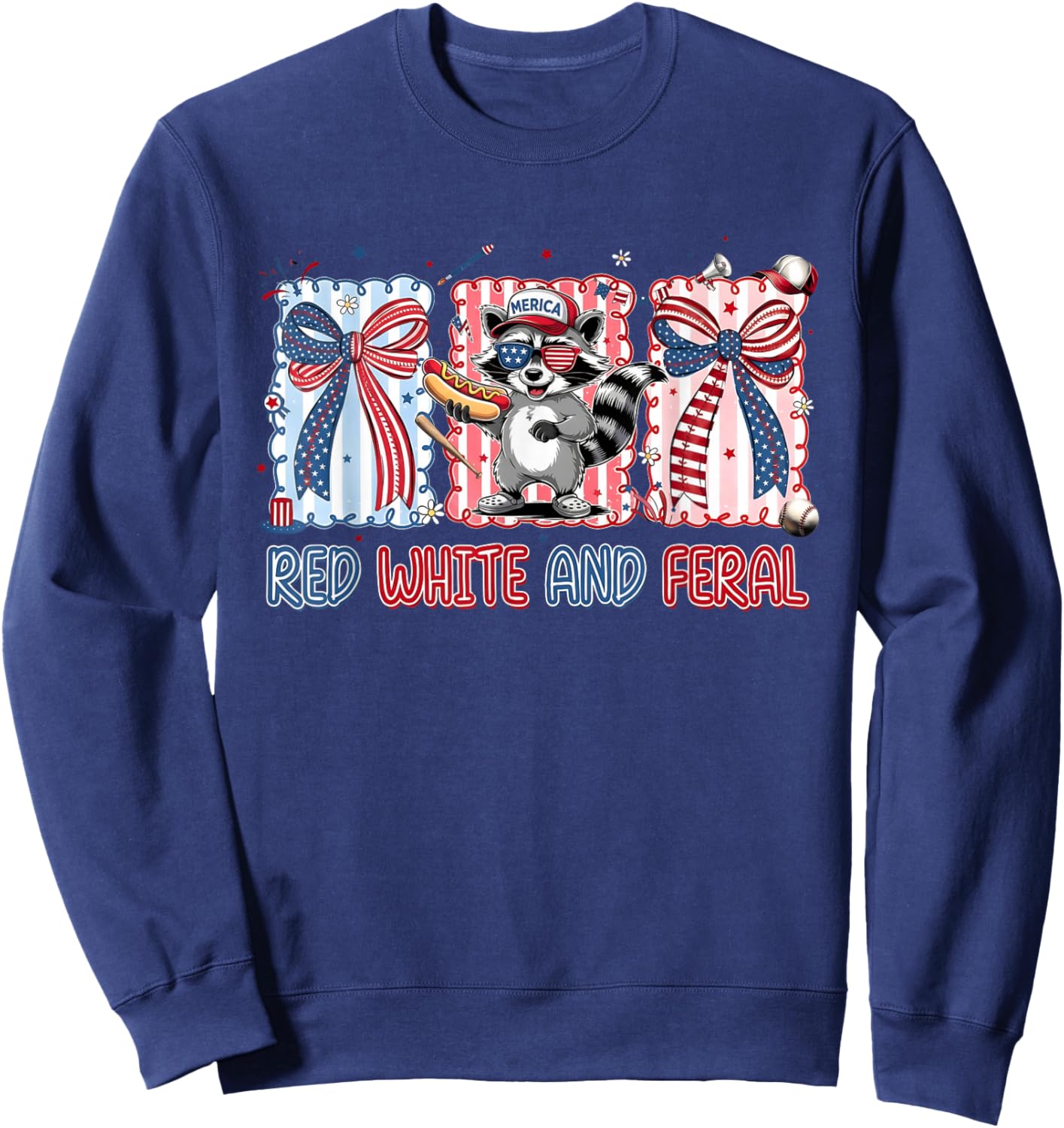 Red White and Feral Patriotic Raccoon Coquette Bow Baseball Sweatshirt - Sweatshirt | Navy