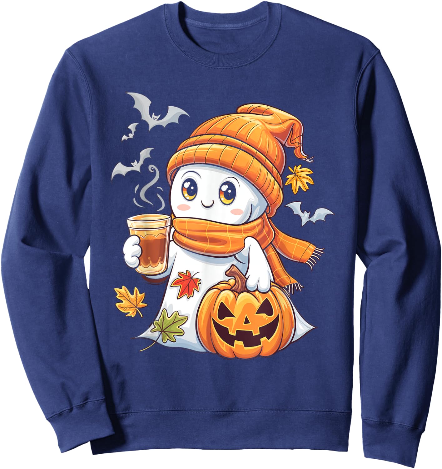 Cute Ghost Pumpkin Coffee Halloween Fall Ghost Sweatshirt - Sweatshirt | Navy