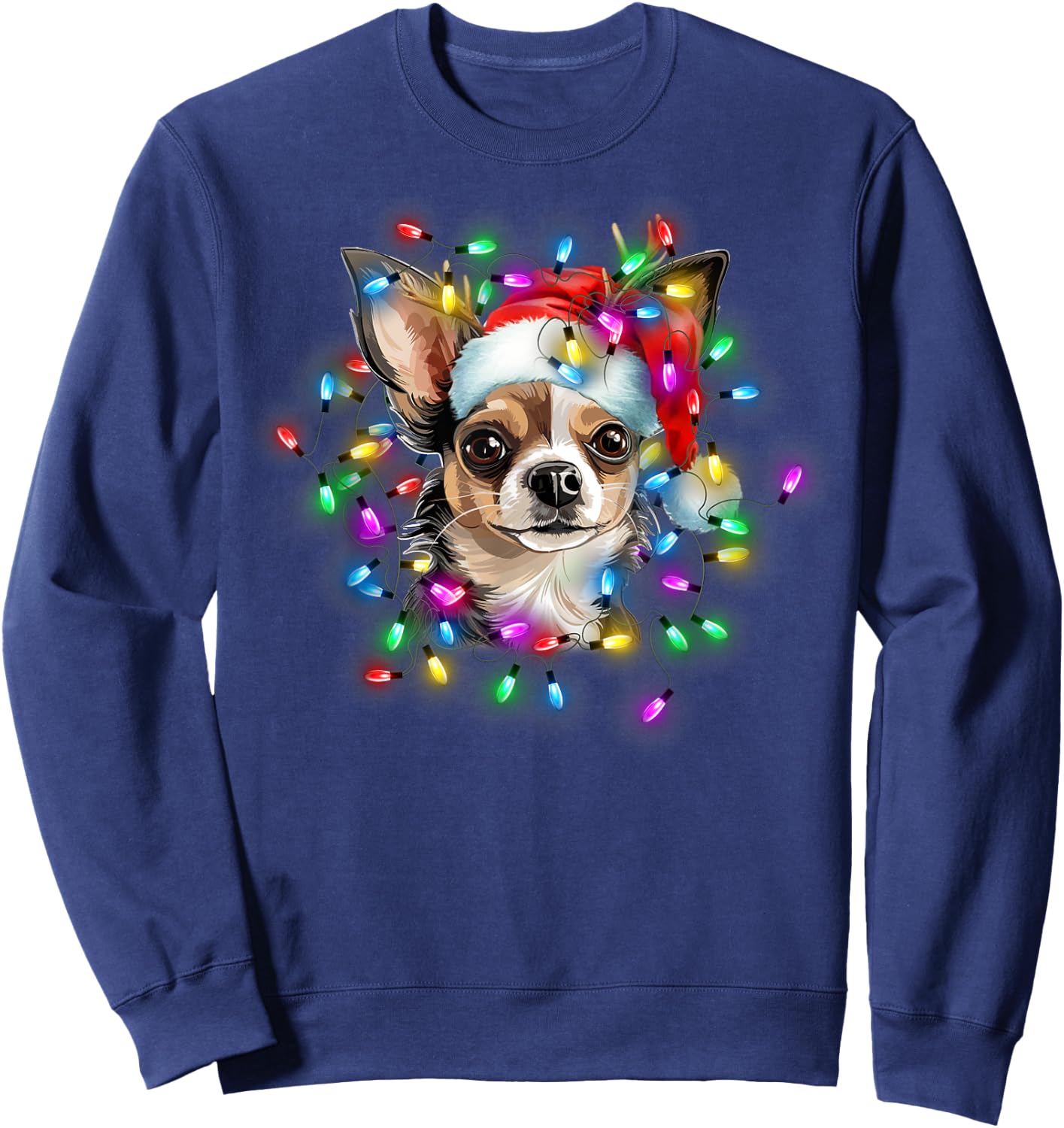 Cute Chihuahua Santa Hat Christmas Light Xmas Sweatshirt - Sweatshirt | Navy