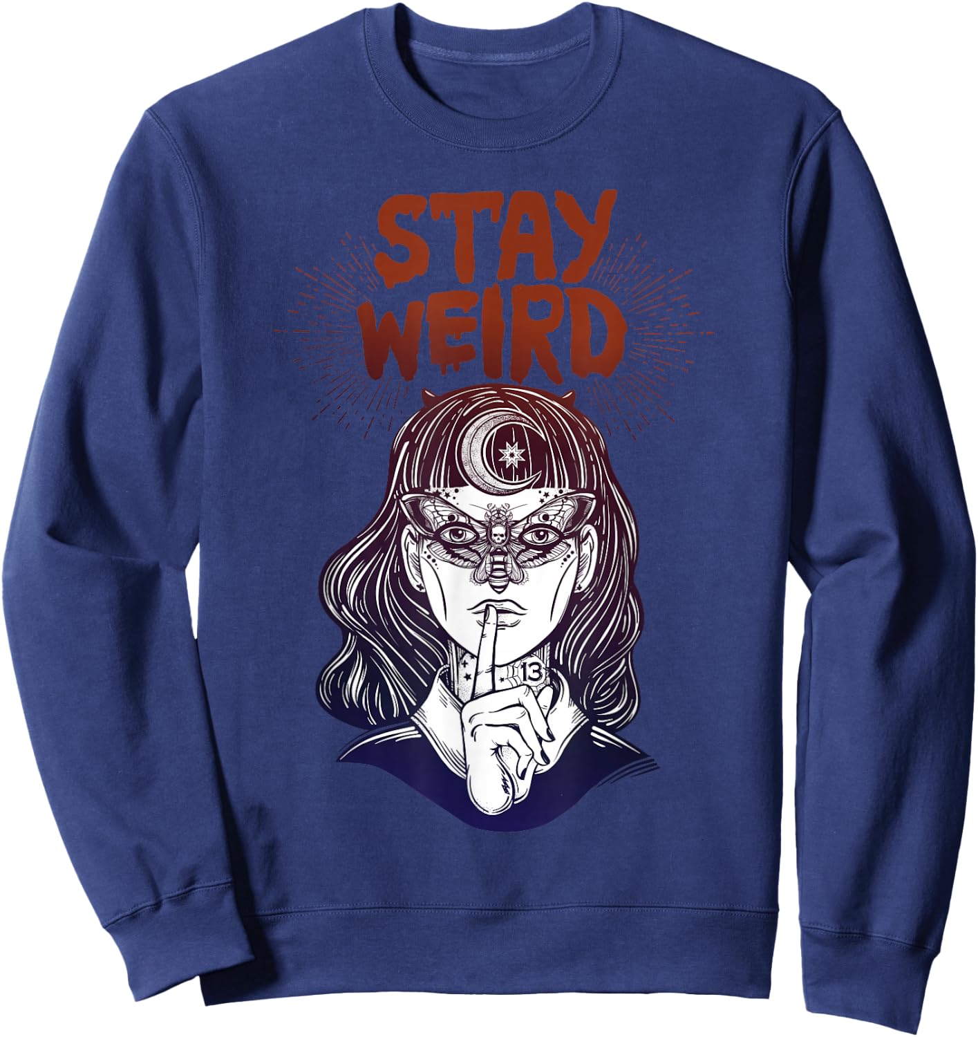 Hand Drawn Witch Girl with Butterfly Stay Weird Sweatshirt - Sweatshirt | Navy