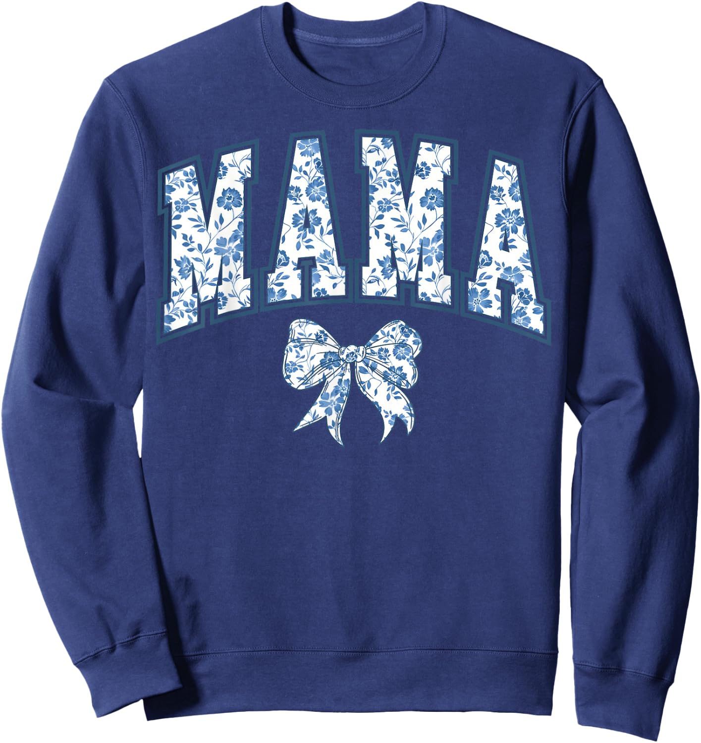 MAMA Blue Floral Coquette Bow Motherhood Mom Top Sweatshirt - Sweatshirt | Navy