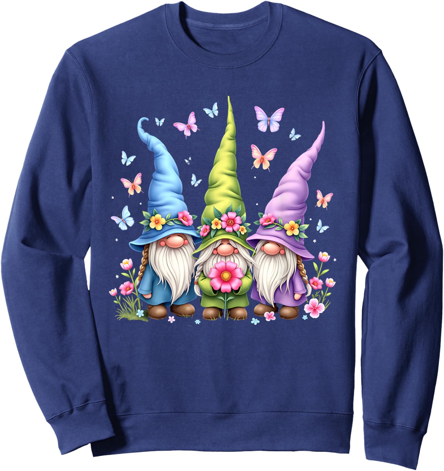 Whimsical Gnome Trio with Flowers and Butterflies Sweatshirt - Sweatshirt | Navy