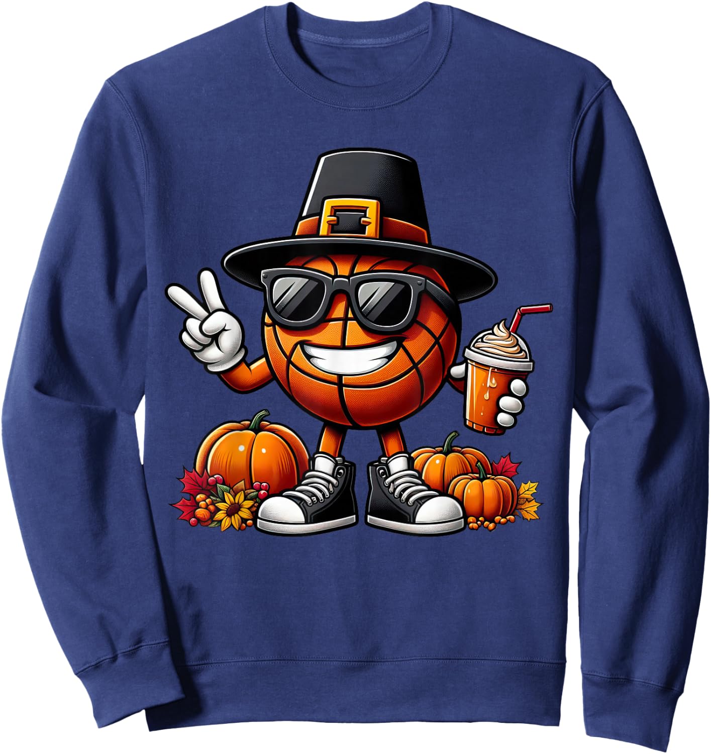 Autumn Pumpkin Fall Basketball Thanksgiving Kids Sweatshirt - Sweatshirt | Navy