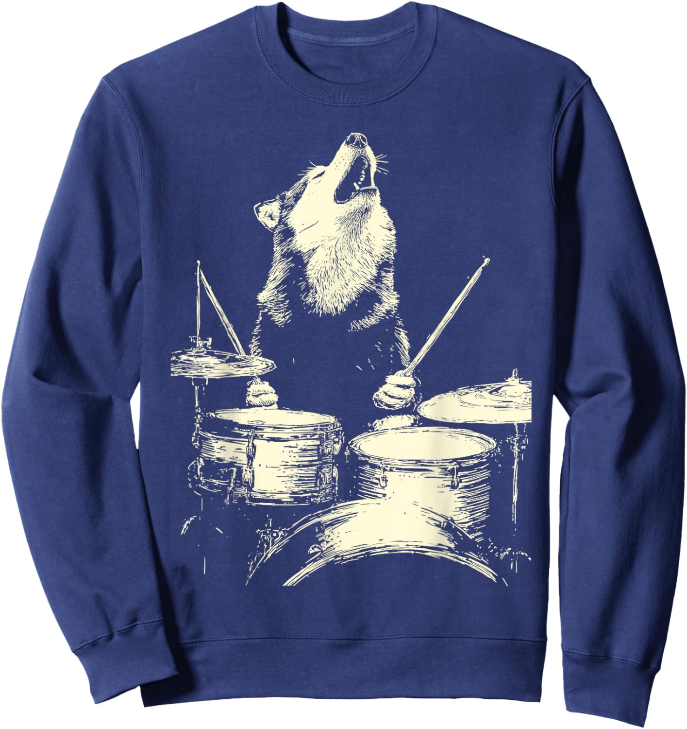 Cute Wolf Playing Drums Funny Music Animal Drummer Graphic Sweatshirt - Sweatshirt | Navy