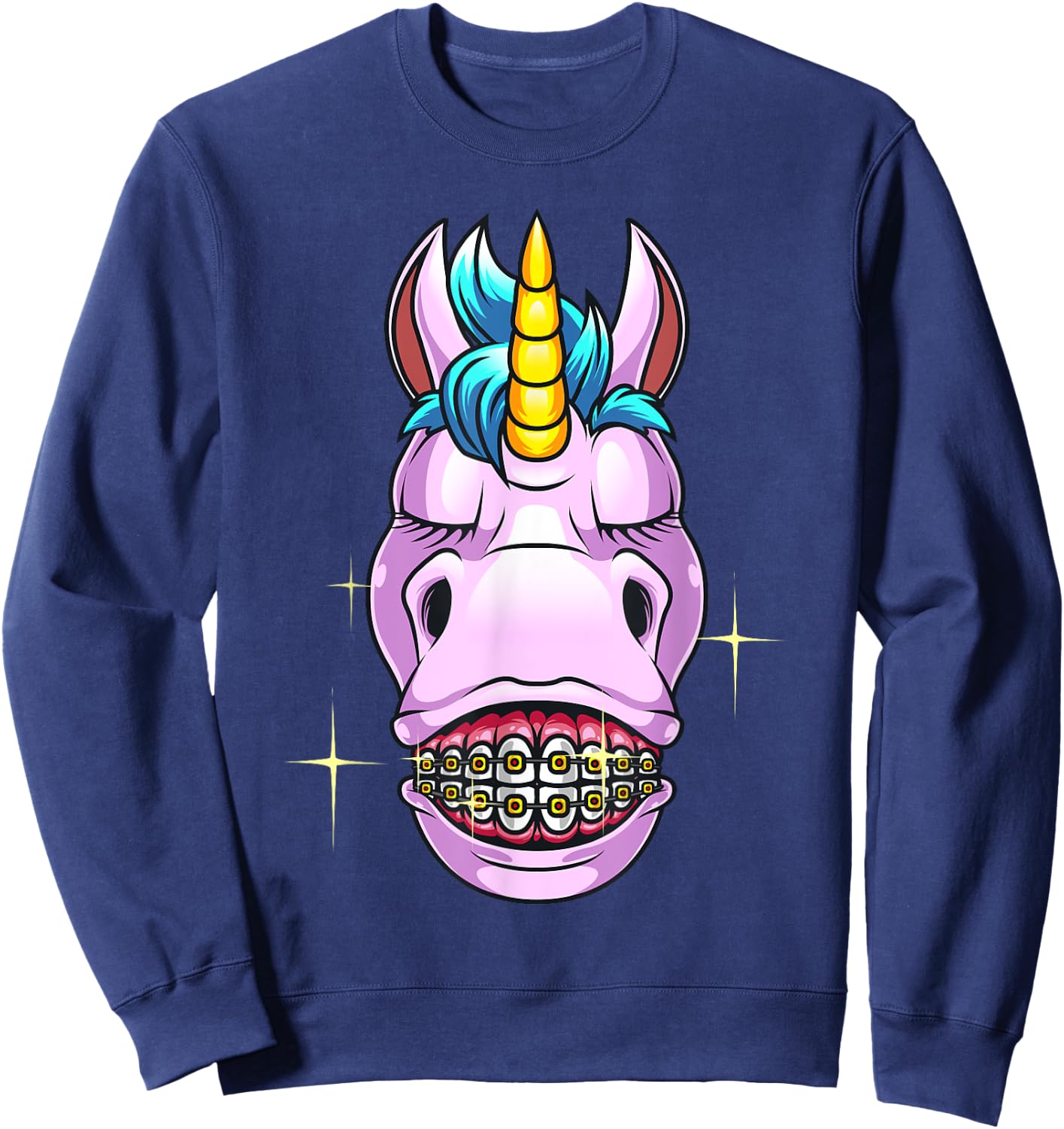 Cool Unicorn With Dental Braces Funny Horn Horse Smile Gift Sweatshirt - Sweatshirt | Navy