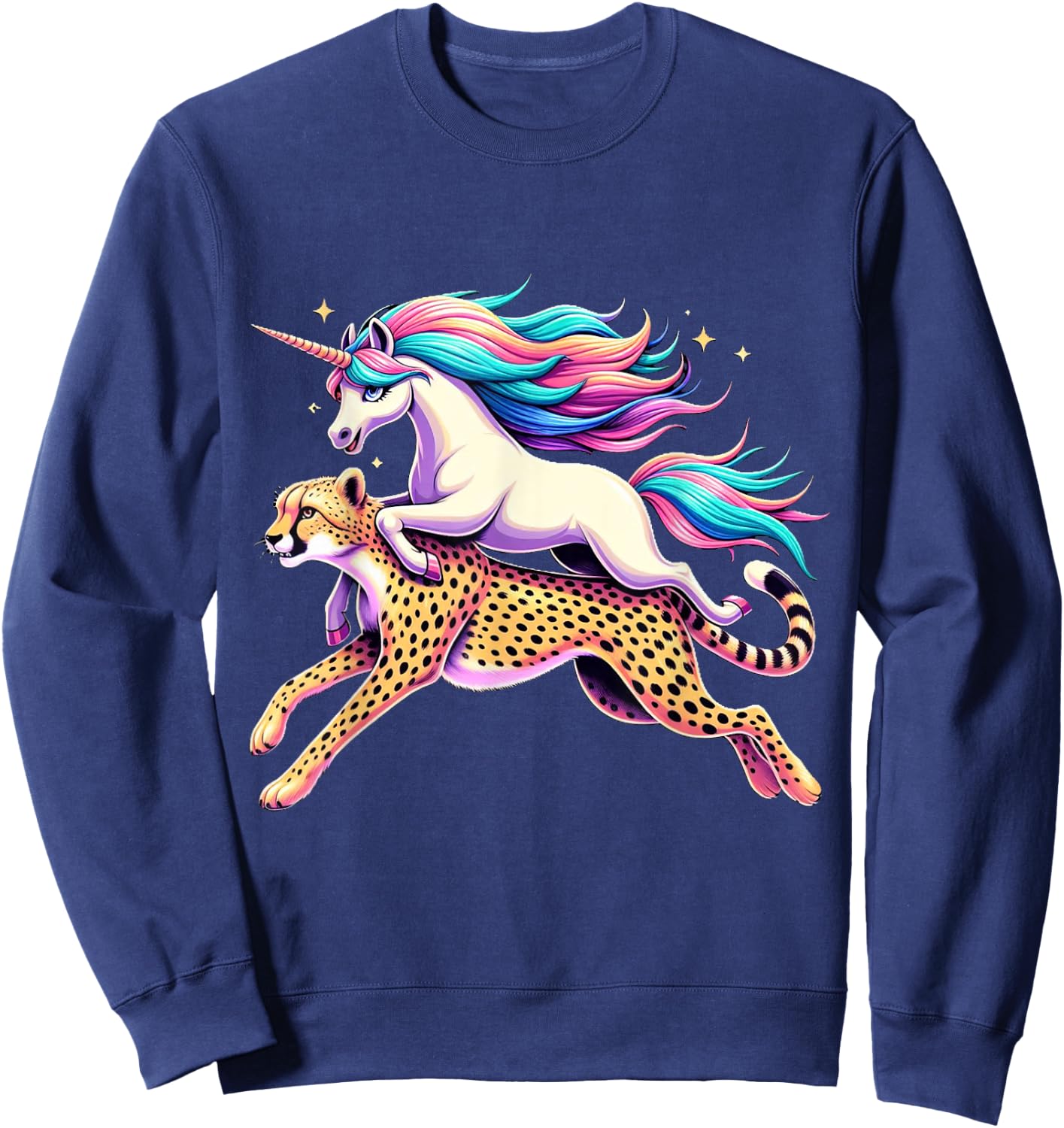 Unicorn Riding Cheetah Boys Girls Men Women Kids Rainbow Sweatshirt - Sweatshirt | Navy