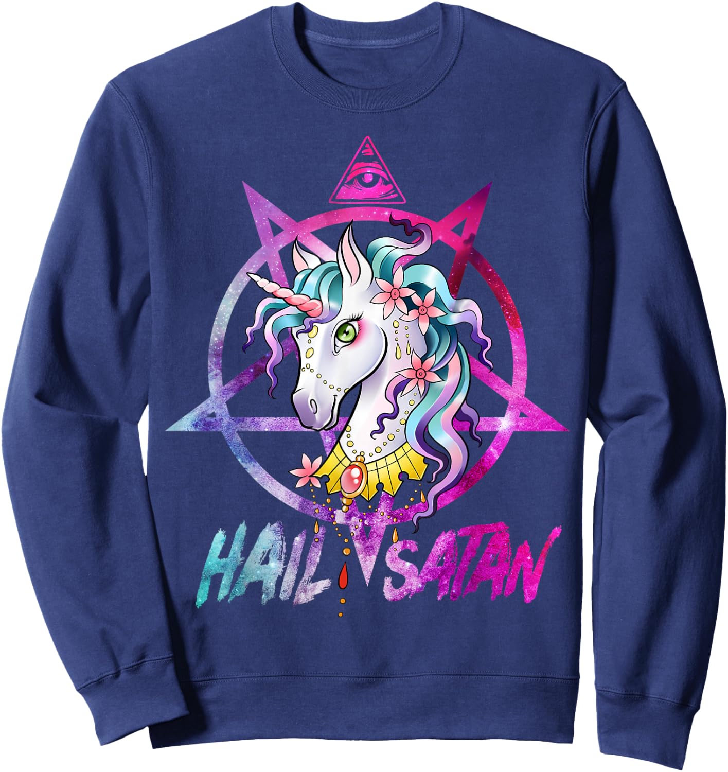 Unicorn Hail Satan Death Metal Rainbow shirt Rave Men Women Sweatshirt - Sweatshirt | Navy