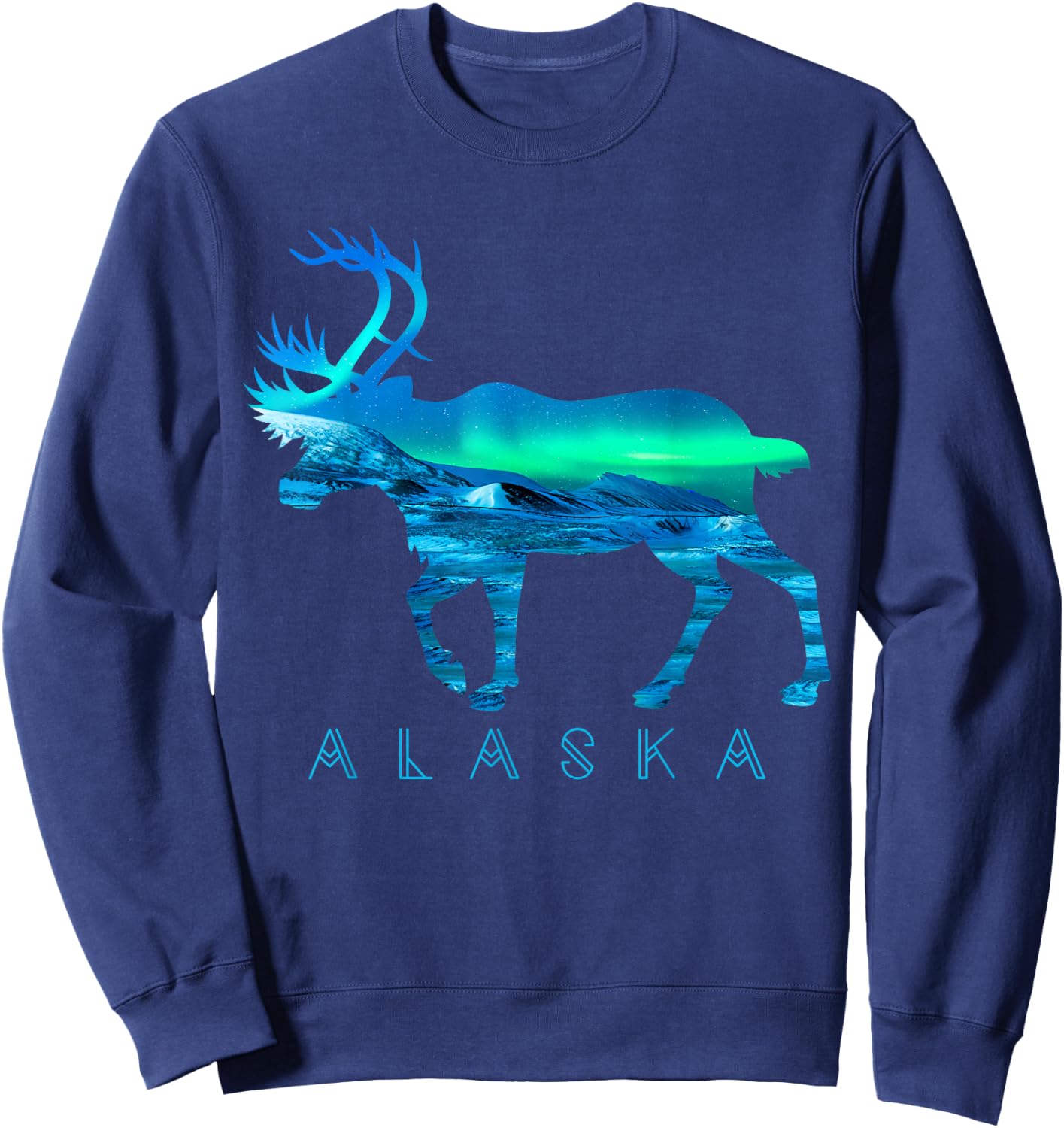 Alaskan Caribou with Aurora Borealis Scene Reindeer Tourist Sweatshirt - Sweatshirt | Navy