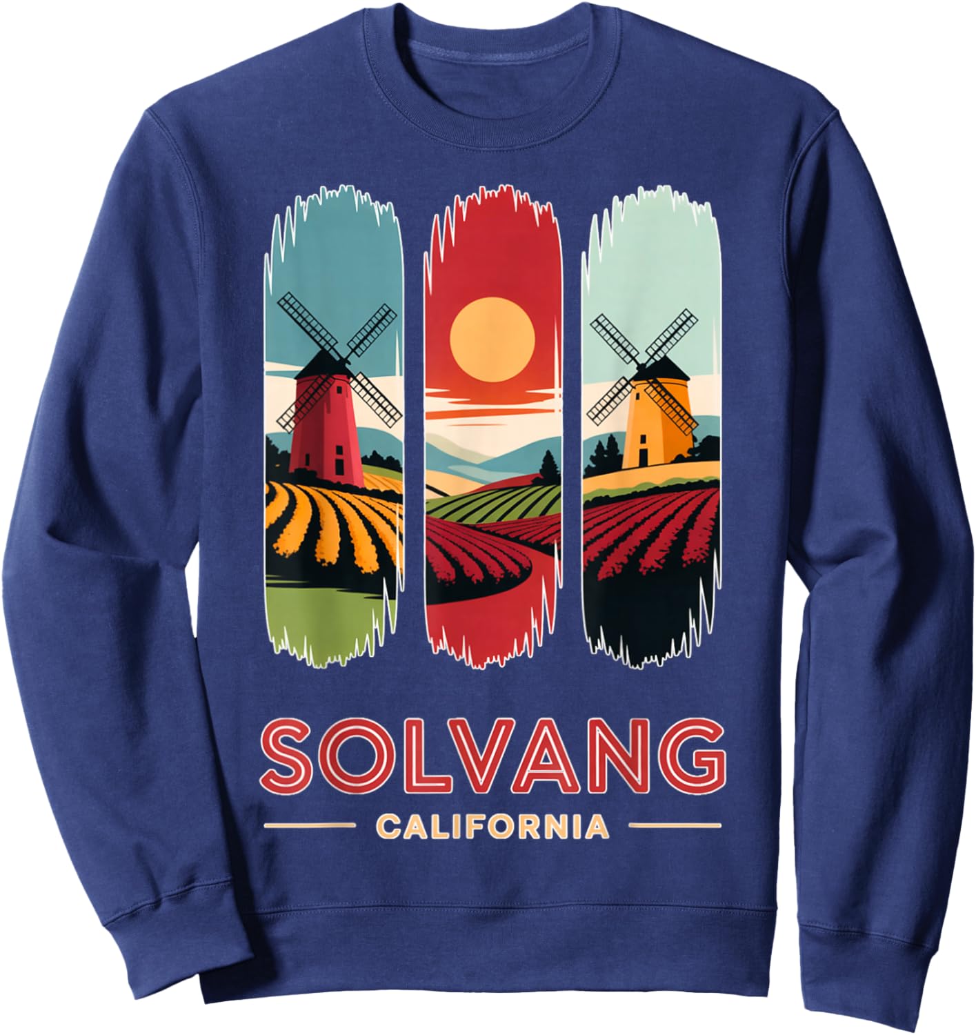 Solvang California Windmills Vintage Travel Landscape Art Sweatshirt - Sweatshirt | Navy