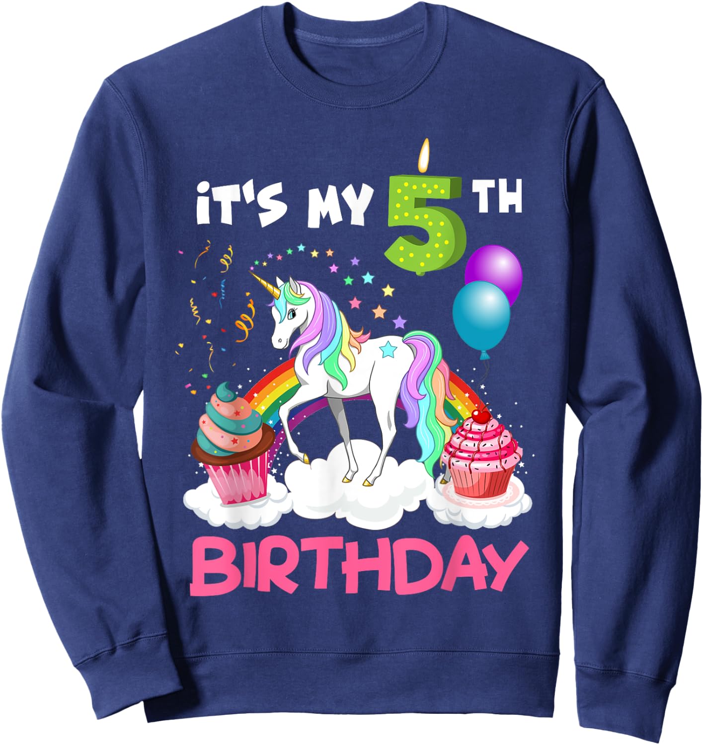 Cute It's My Fifth Birthday Unicorn Five Year Old Girl's Sweatshirt - Sweatshirt | Navy