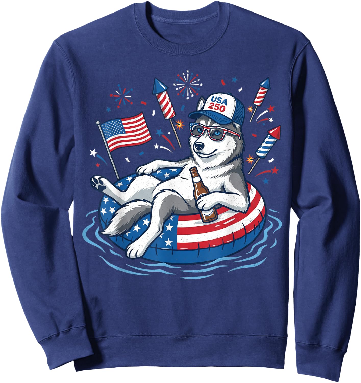 Patriotic Siberian Husky Beer Floatie USA Flag 4th of July Sweatshirt - Sweatshirt | Navy