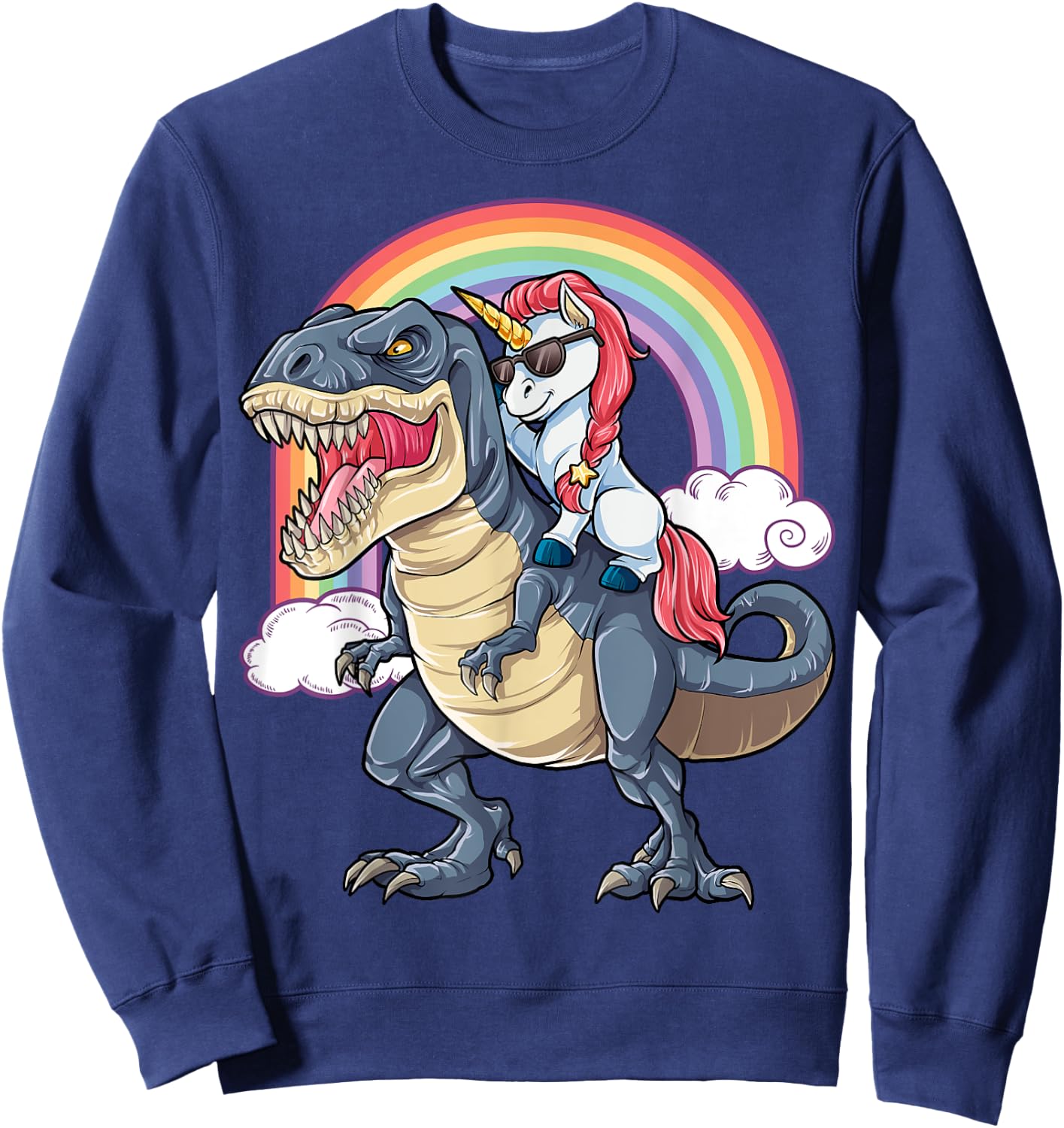 Unicorn Riding Dinosaur T rex Shirt Boys Girls Kids Rainbow Sweatshirt - Sweatshirt | Navy