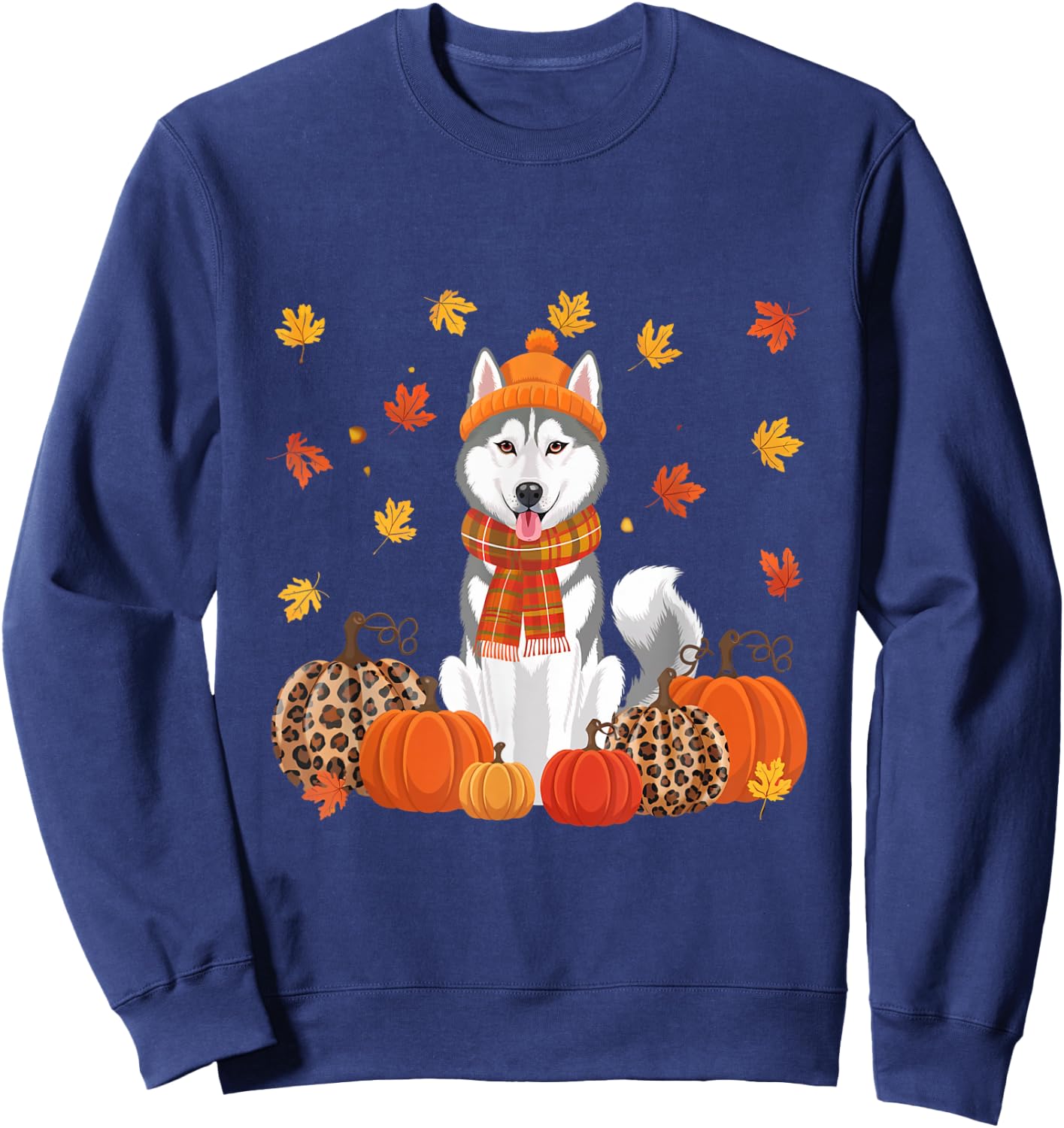 Fall Husky Pumpkins Leaves Autumn Halloween Thanksgiving Sweatshirt - Sweatshirt | Navy