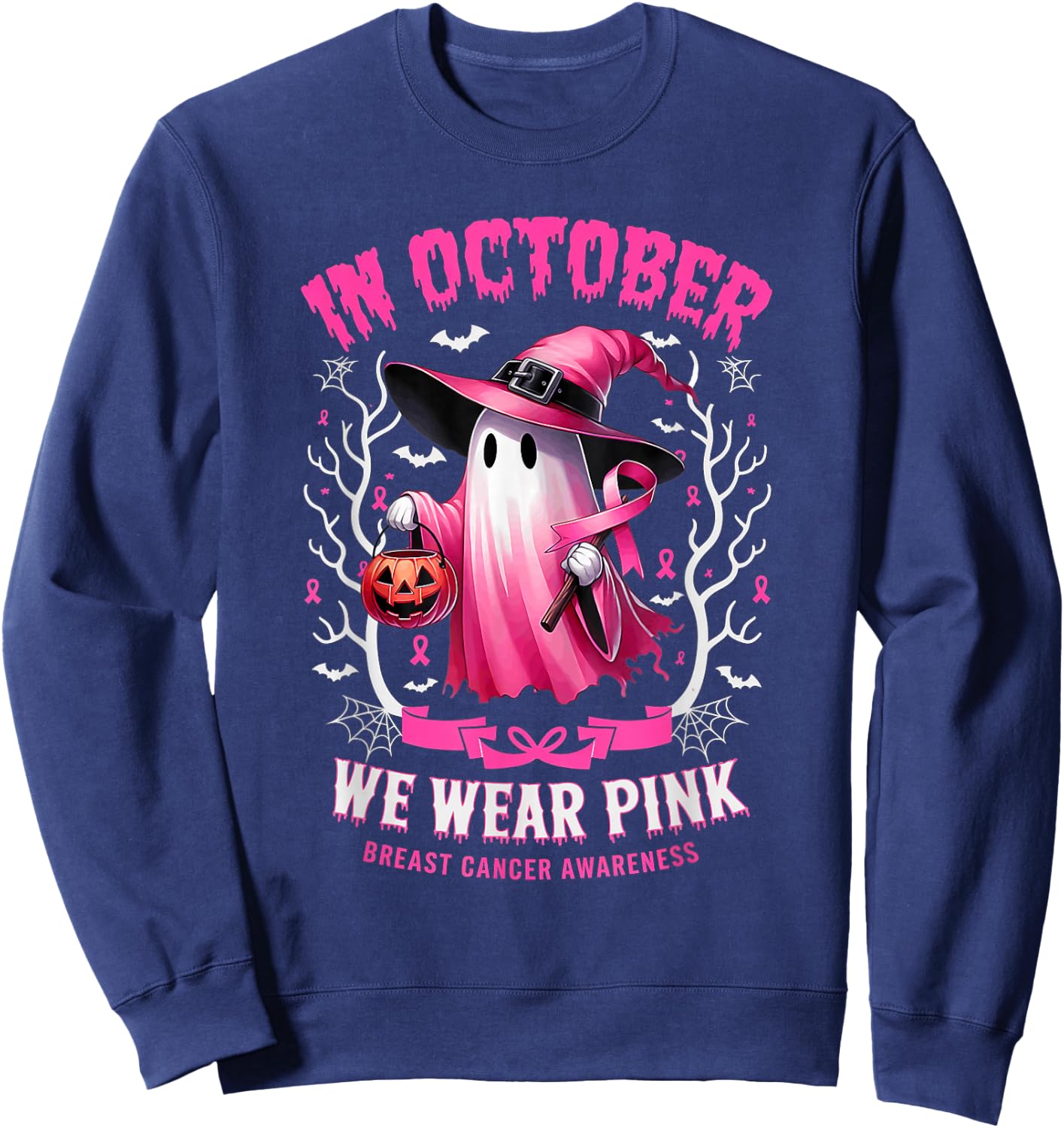 In October We Wear Pink Ghost Witch Breast Cancer Awareness Sweatshirt - Sweatshirt | Navy
