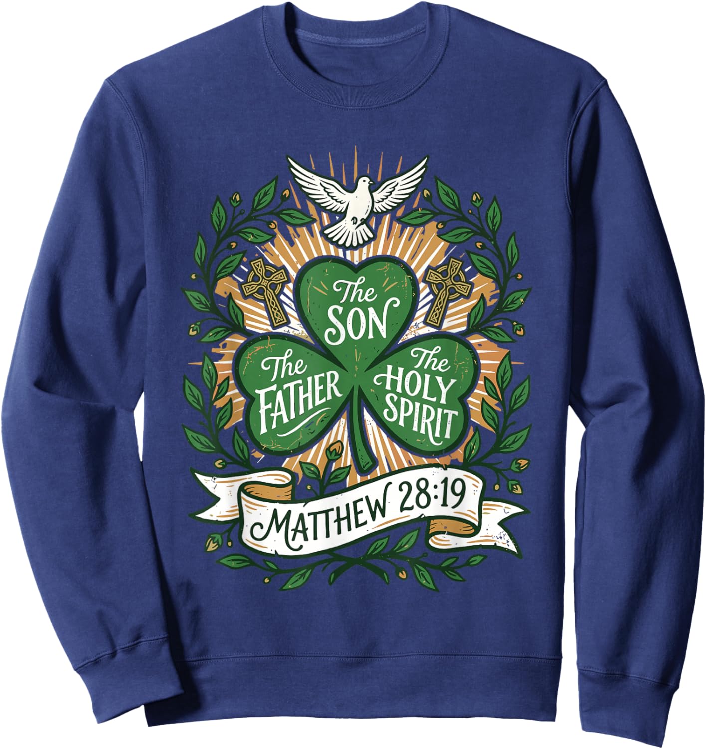 Holy Trinity Shamrock Matthew 28:19 Bible Verse Scripture Sweatshirt - Sweatshirt | Navy