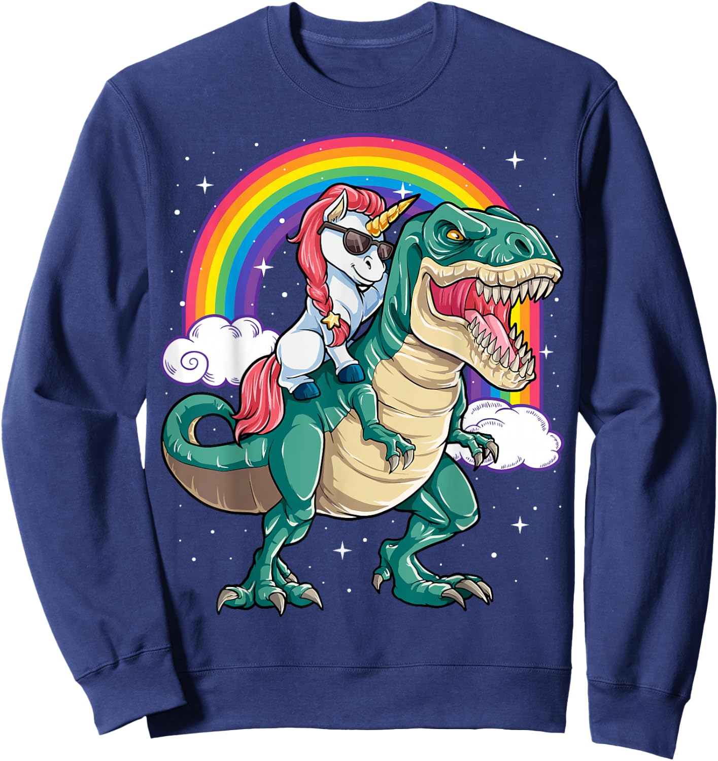 Unicorn Riding T rex Dinosaur Boys Girls Men Women Rainbow Small Sweatshirt - Sweatshirt | Navy