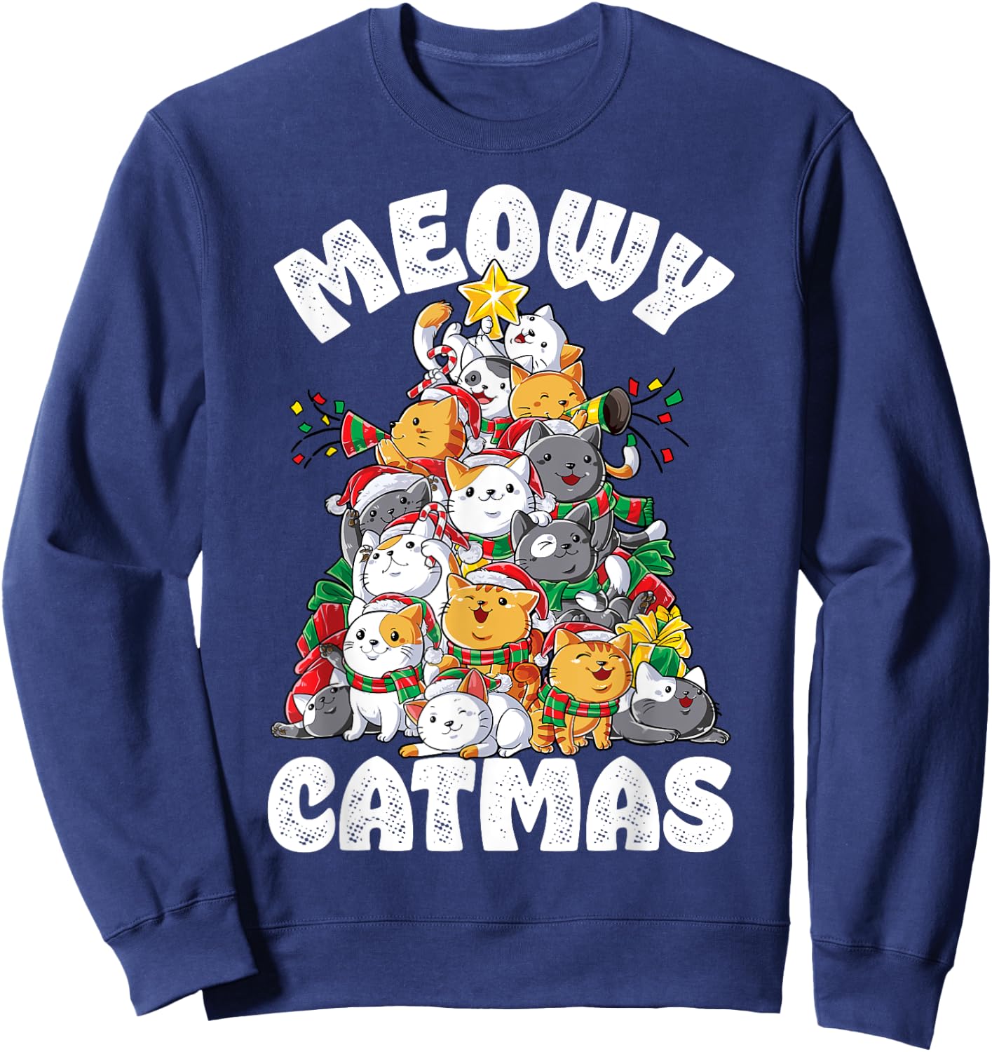Meowy Catmas Cat Christmas Tree Xmas Girls Boys Funny Santa Short Sleeve Sweatshirt - Sweatshirt | Navy