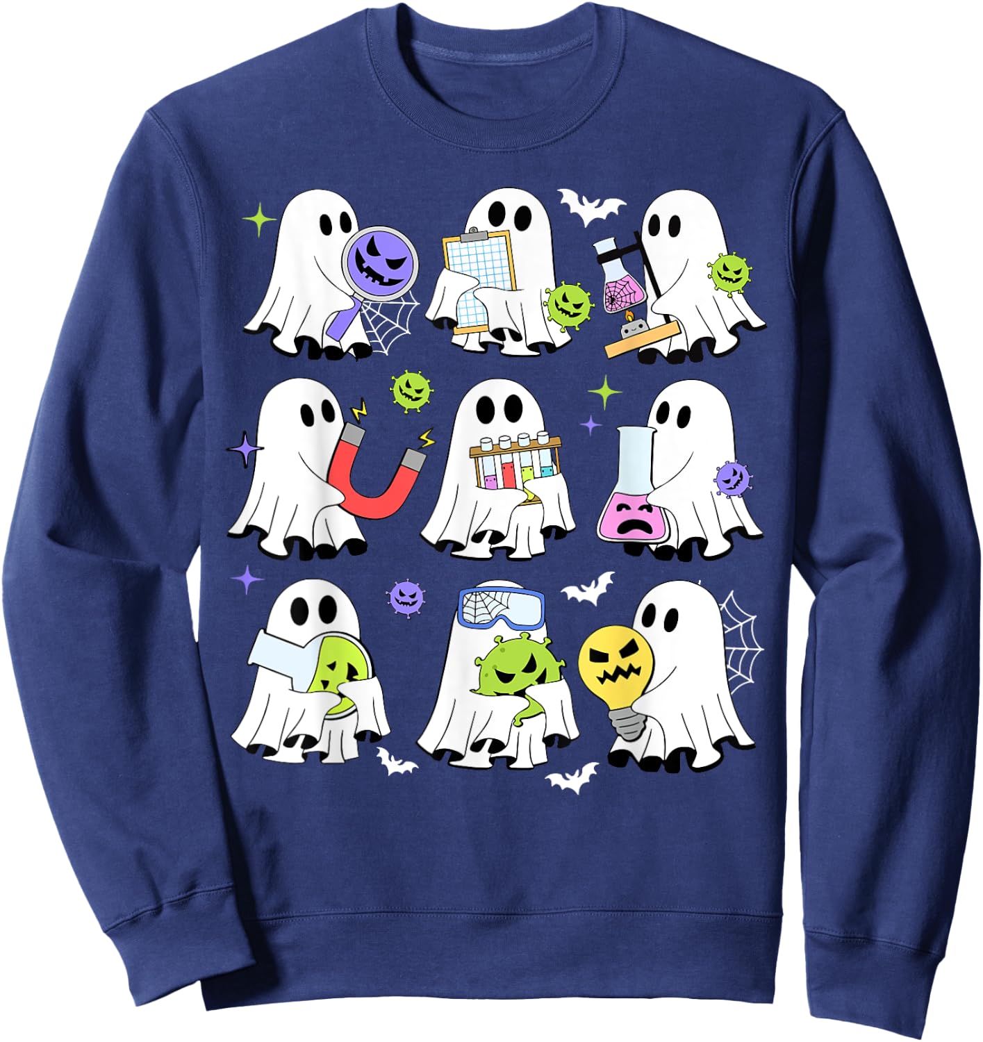 Retro Halloween Science Teacher Ghost Laboratory Teacher Sweatshirt - Sweatshirt | Navy