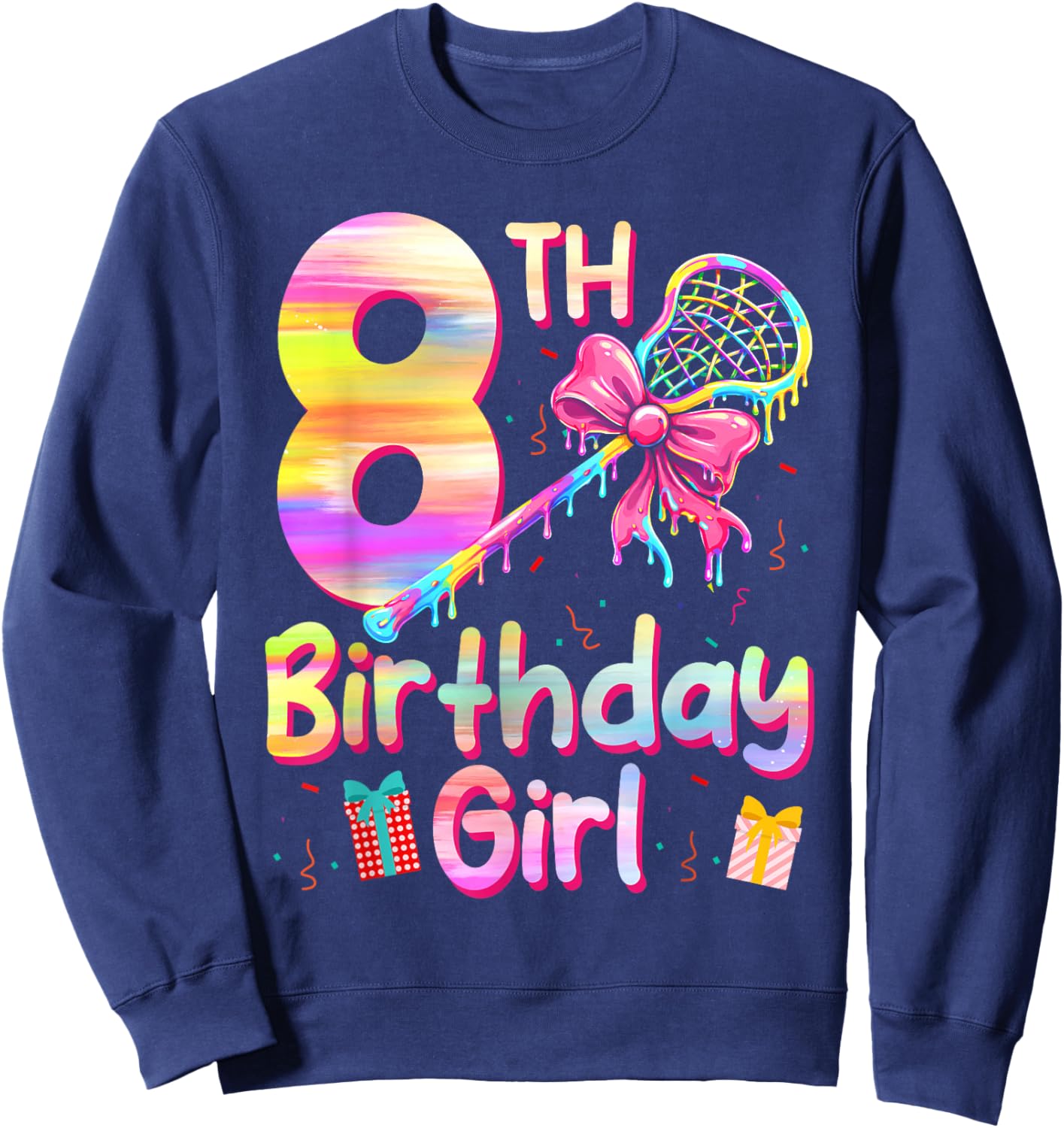 8th Lax Birthday Lacrosse Ice Cream Drip 8 Years Girl Sweatshirt - Sweatshirt | Navy