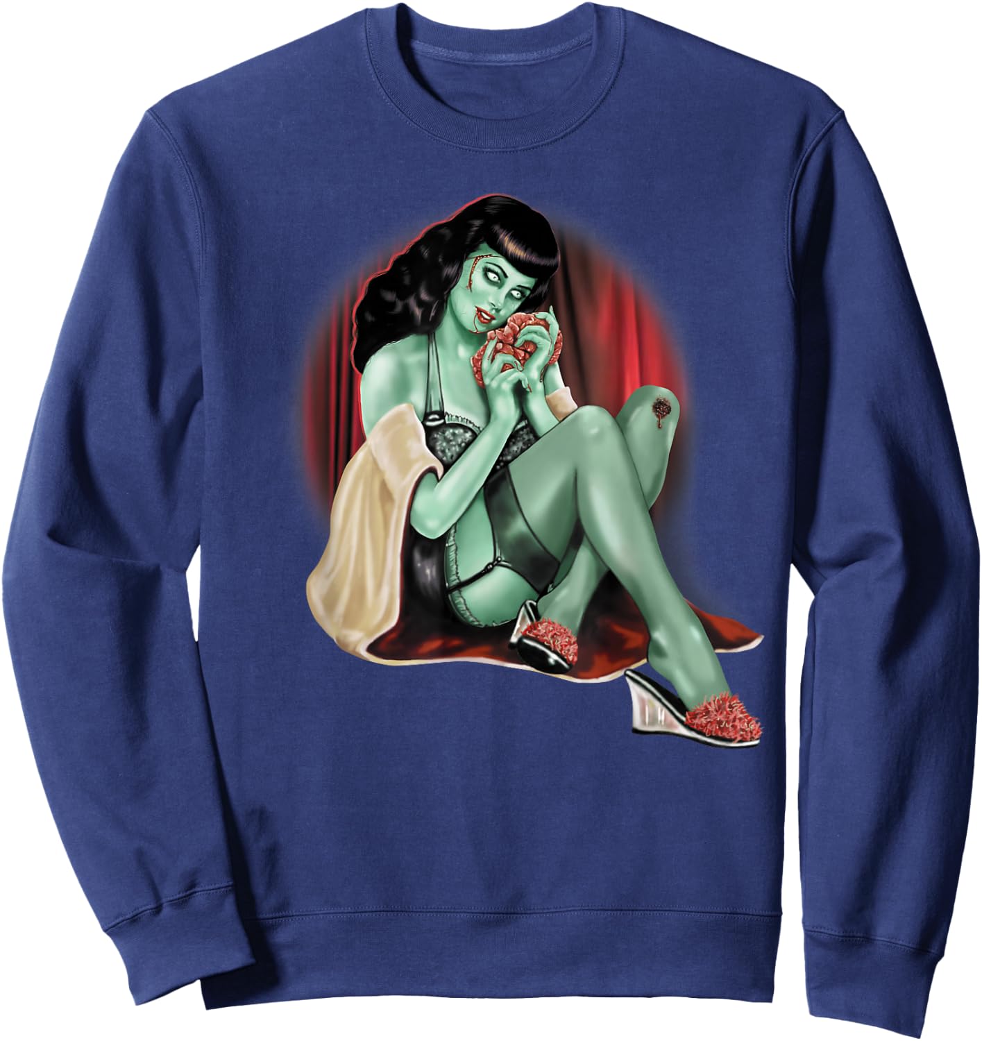 Zombie Pin-Up Model Adult T Shirt Sweatshirt - Sweatshirt | Navy