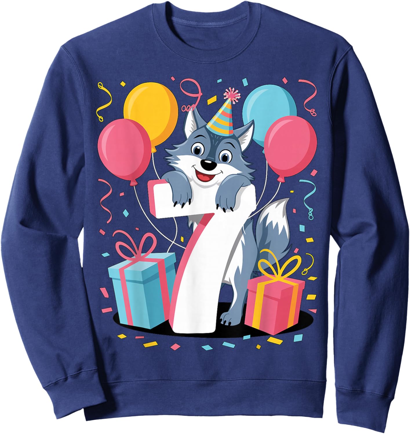 Wolf 7th birthday boy girl 7 years old seventh seven Wolf Sweatshirt - Sweatshirt | Navy