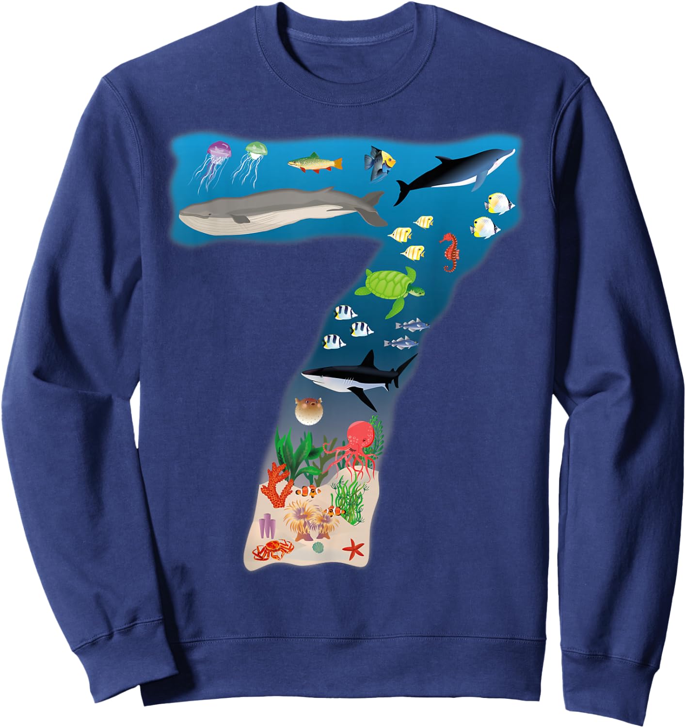 Under Sea REALISTIC Fish Starfish Seventh number 7 Sweatshirt - Sweatshirt | Navy