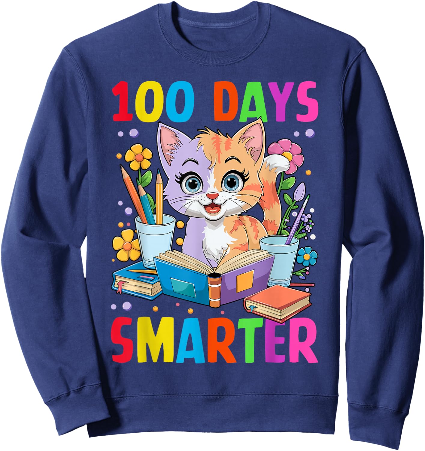 100 Days of School Cute Cat Boys Girls Kid 100th Day Teacher Sweatshirt - Sweatshirt | Navy