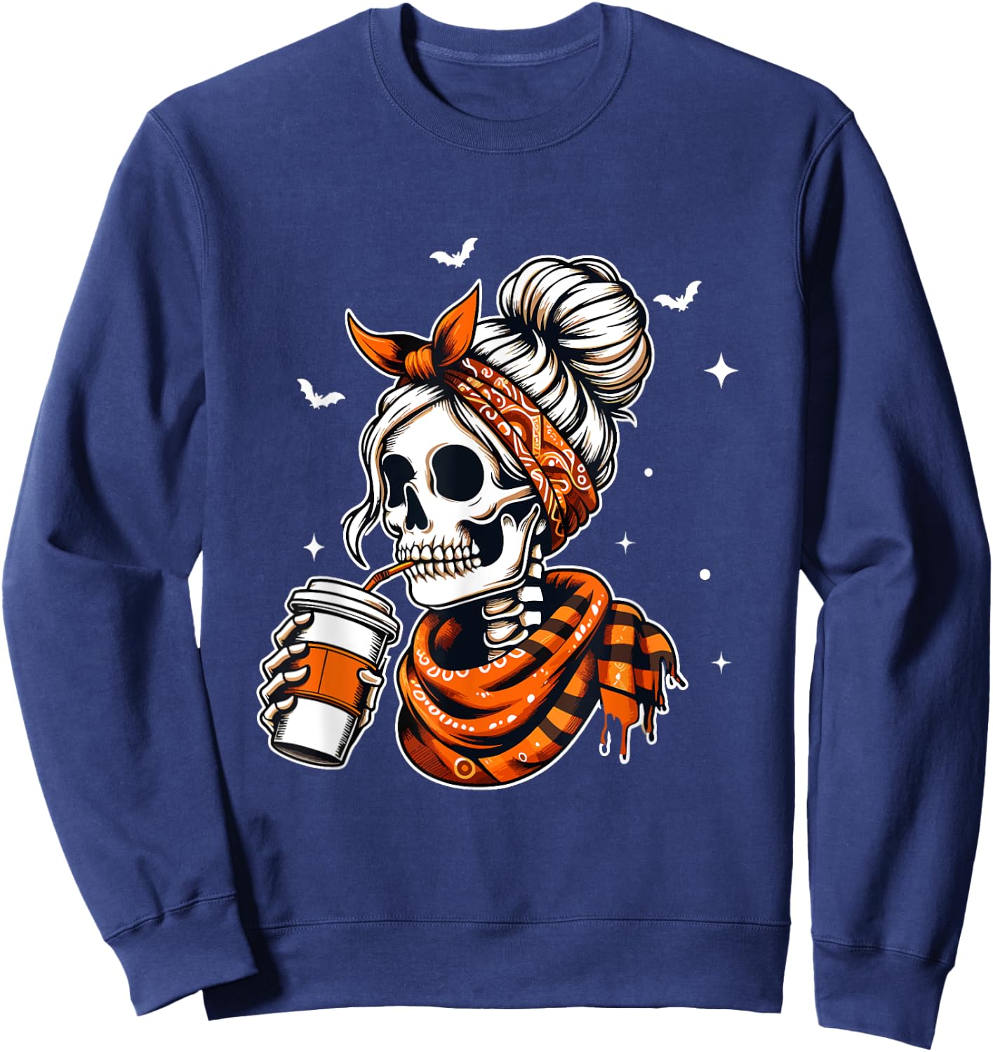 Halloween Skeleton Messy Bun Coffee Funny Halloween Mom Sweatshirt - Sweatshirt | Navy
