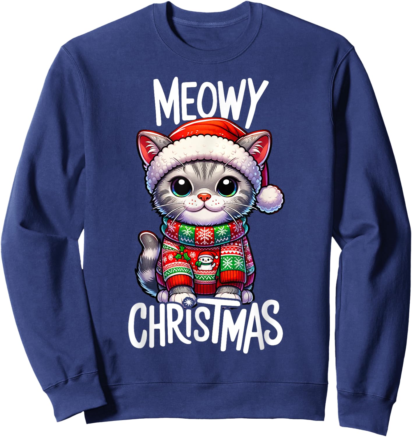 Meowy Christmas Cat Lover Funny Festive Holidays Cute Kitten Women Kids Sweatshirt - Sweatshirt | Navy