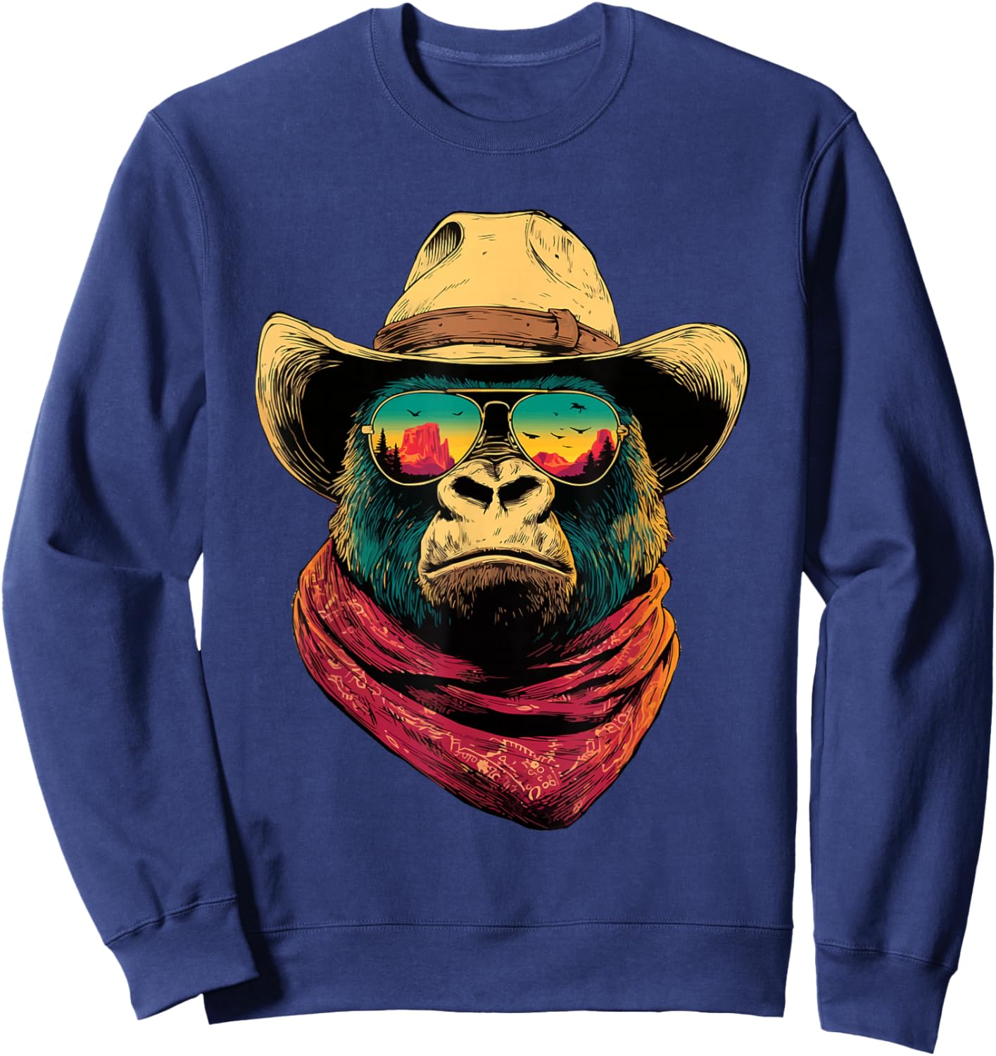 Colorful Cowboy Gorilla in Sunglasses Animal Sunset Western Sweatshirt - Sweatshirt | Navy