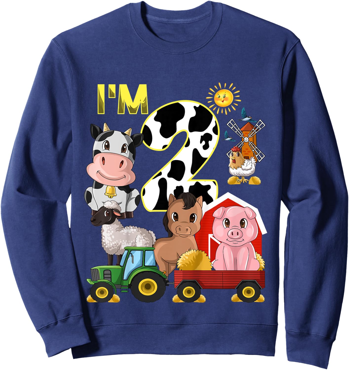 Kids Farm Animals Tractor 2nd Birthday 2 Year Old Birthday Party Sweatshirt - Sweatshirt | Navy