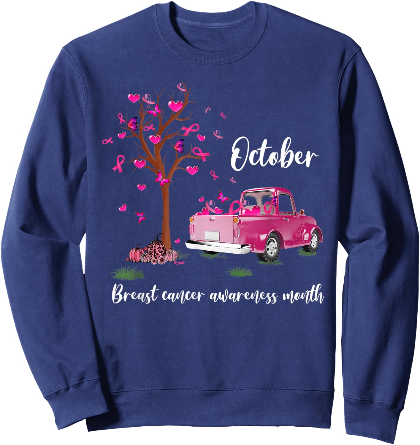 Pink Truck Pumpkin October Breast Cancer Awareness Month Sweatshirt - Sweatshirt | Navy