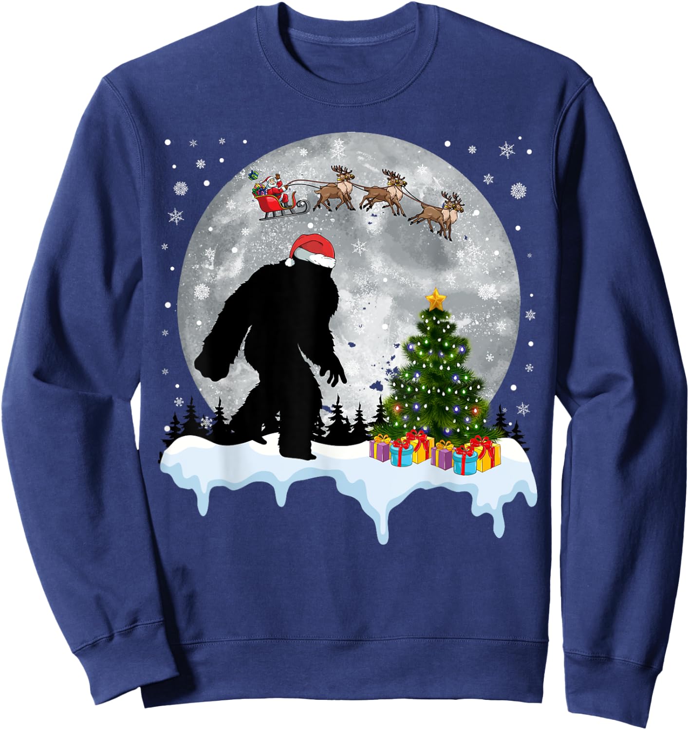 Christmas Bigfoot Santa Tree Sleigh Moon Reindeer Snow Sweatshirt - Sweatshirt | Navy