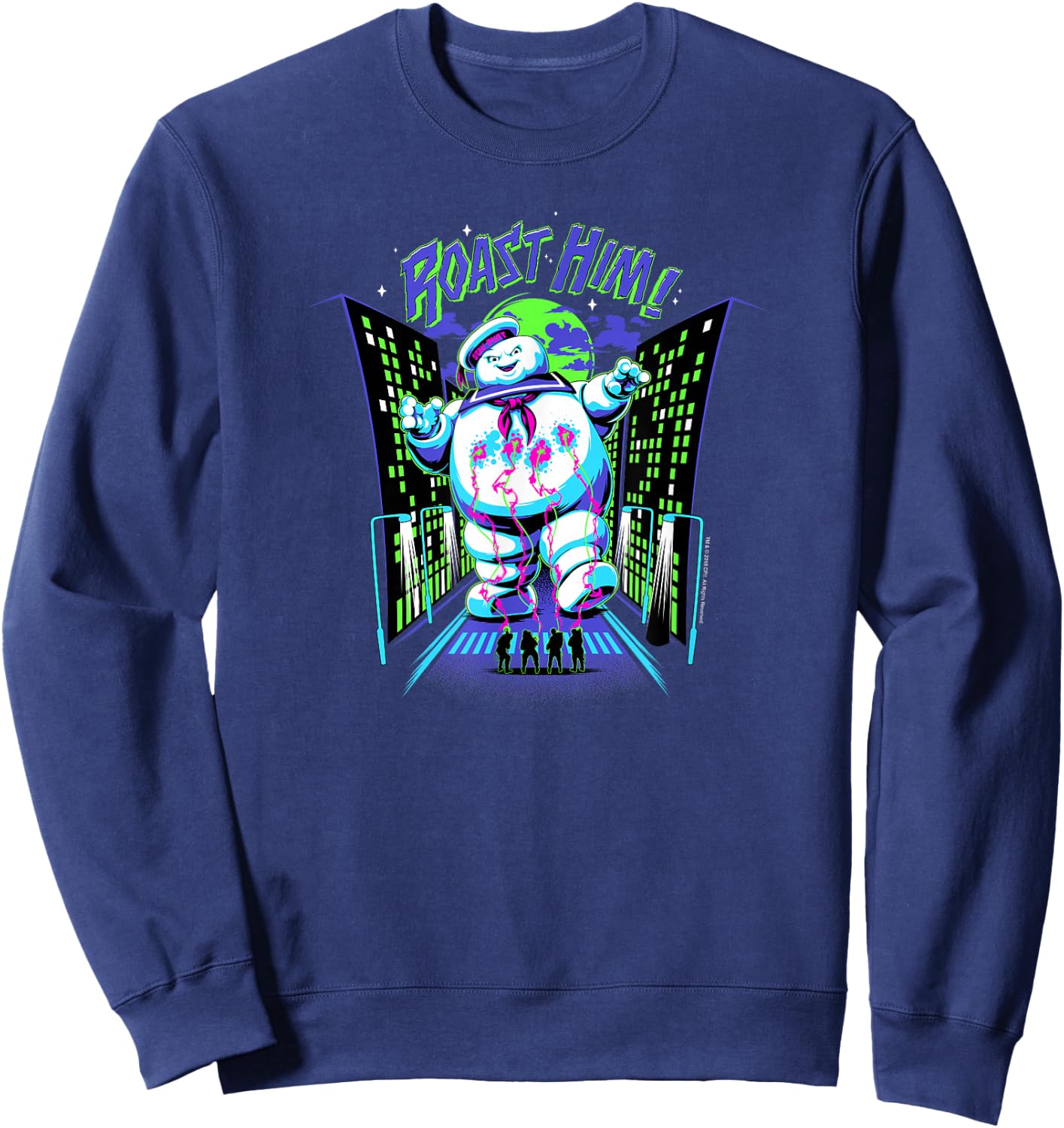 Ghostbusters Roast Him! Stay Puft Arcade Graphic Retro Movie Sweatshirt - Sweatshirt | Navy