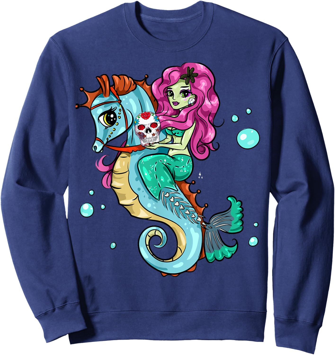 Halloween Skeleton Mermaid Sugar Skull Sea Horse Sweatshirt - Sweatshirt | Navy