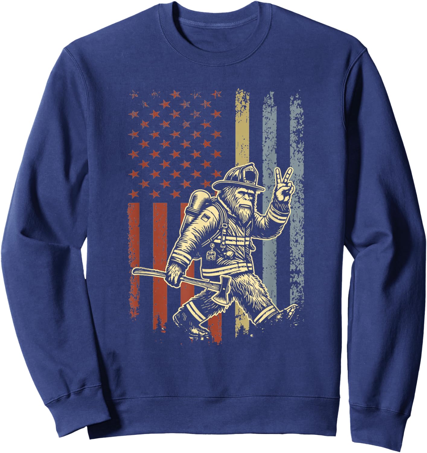 Retro American Flag Bigfoot Firefighter Sasquatch Fireman Sweatshirt - Sweatshirt | Navy