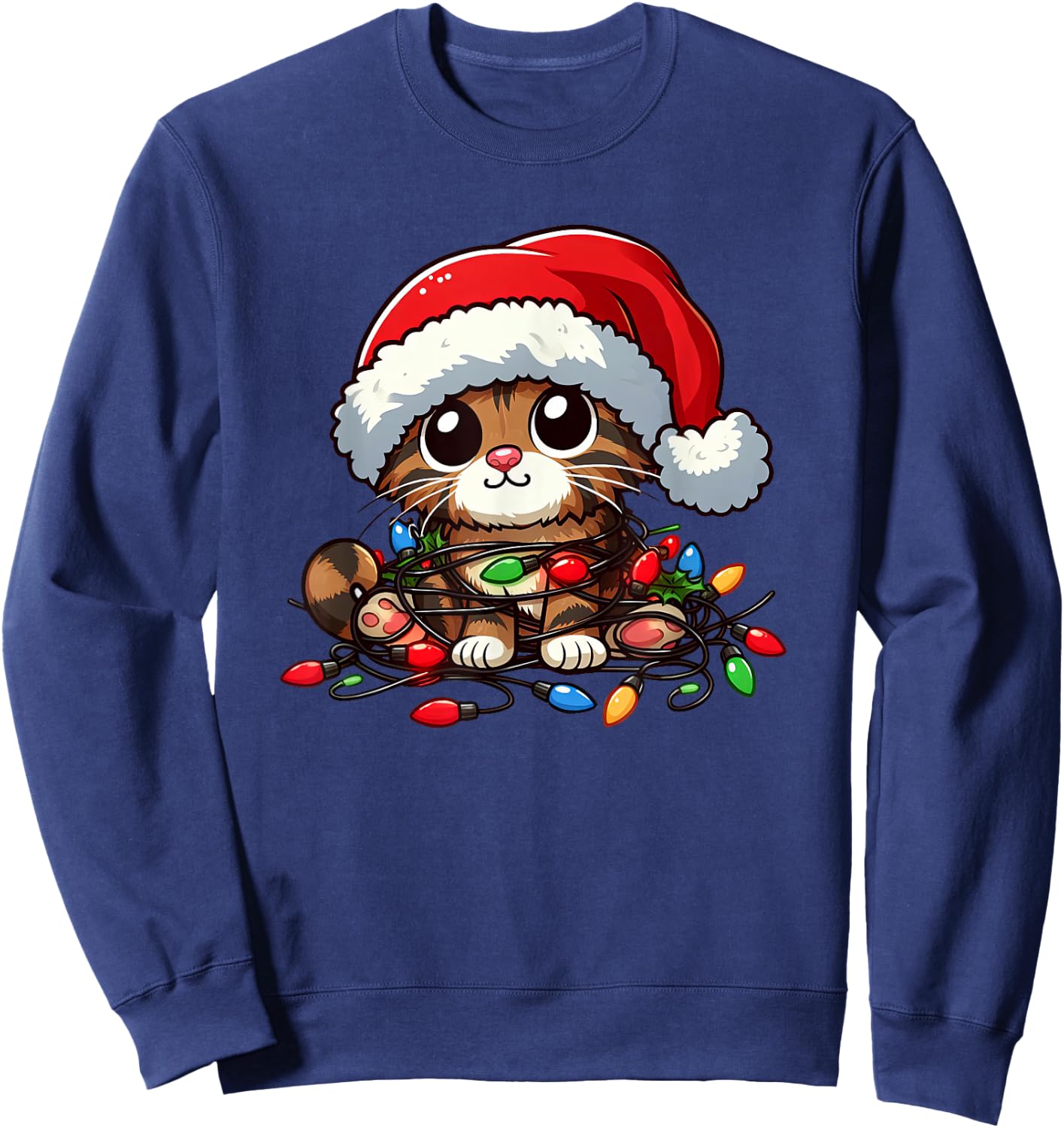 Brown Tabby Cat Christmas Lights Pet Funny Xmas Sweatshirt - Sweatshirt | Navy