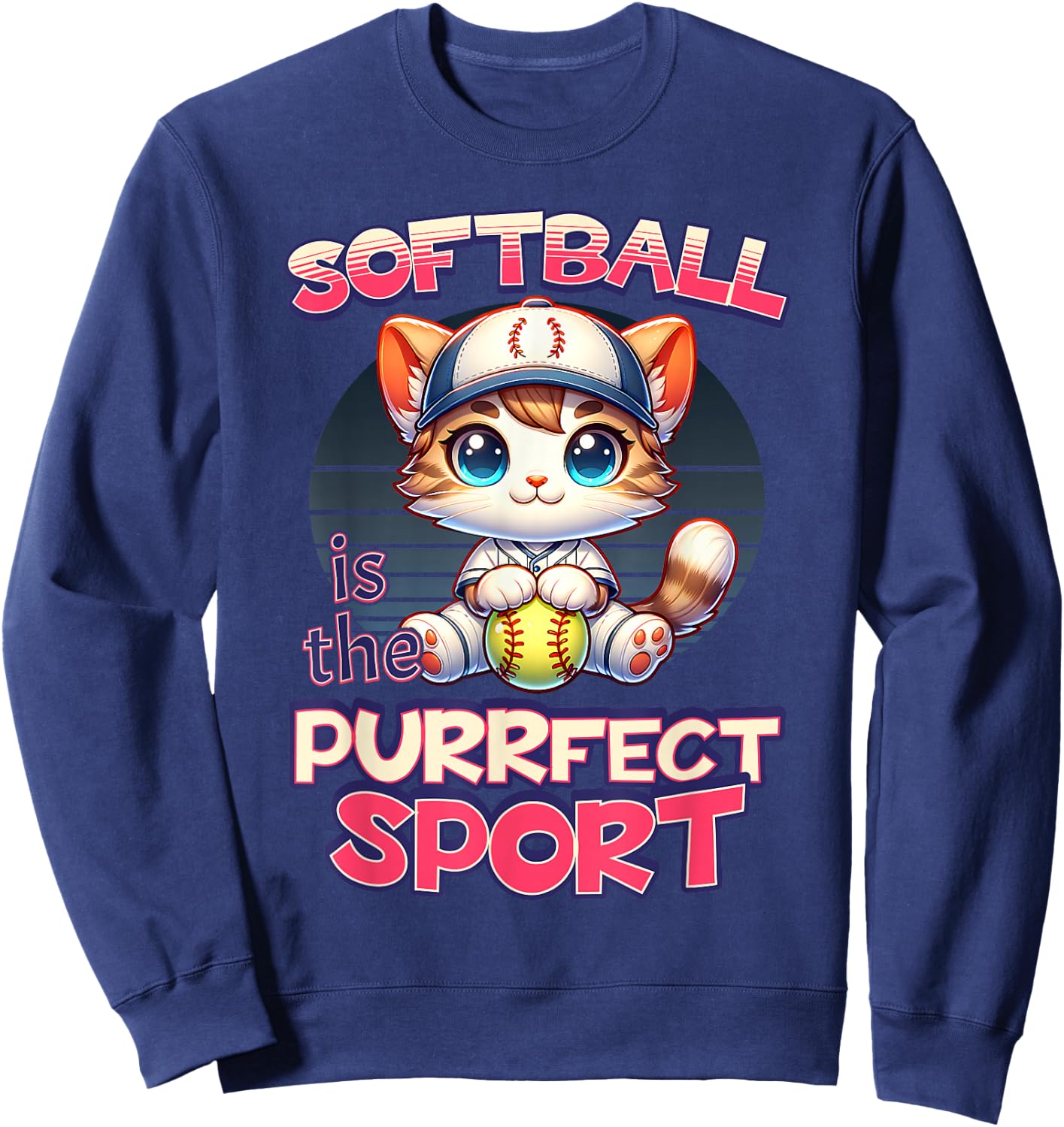 Softball is the Purrfect Sport Cute Kitty Cat Kitten Graphic Women Girls Kids Sweatshirt - Sweatshirt | Navy