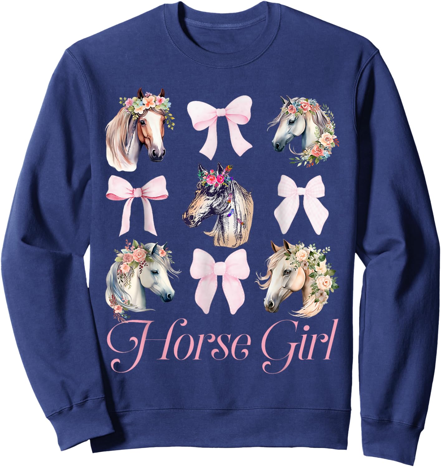 Horse Girl Coquette Bow Horse Riding Pink Girls Sweatshirt - Sweatshirt | Navy