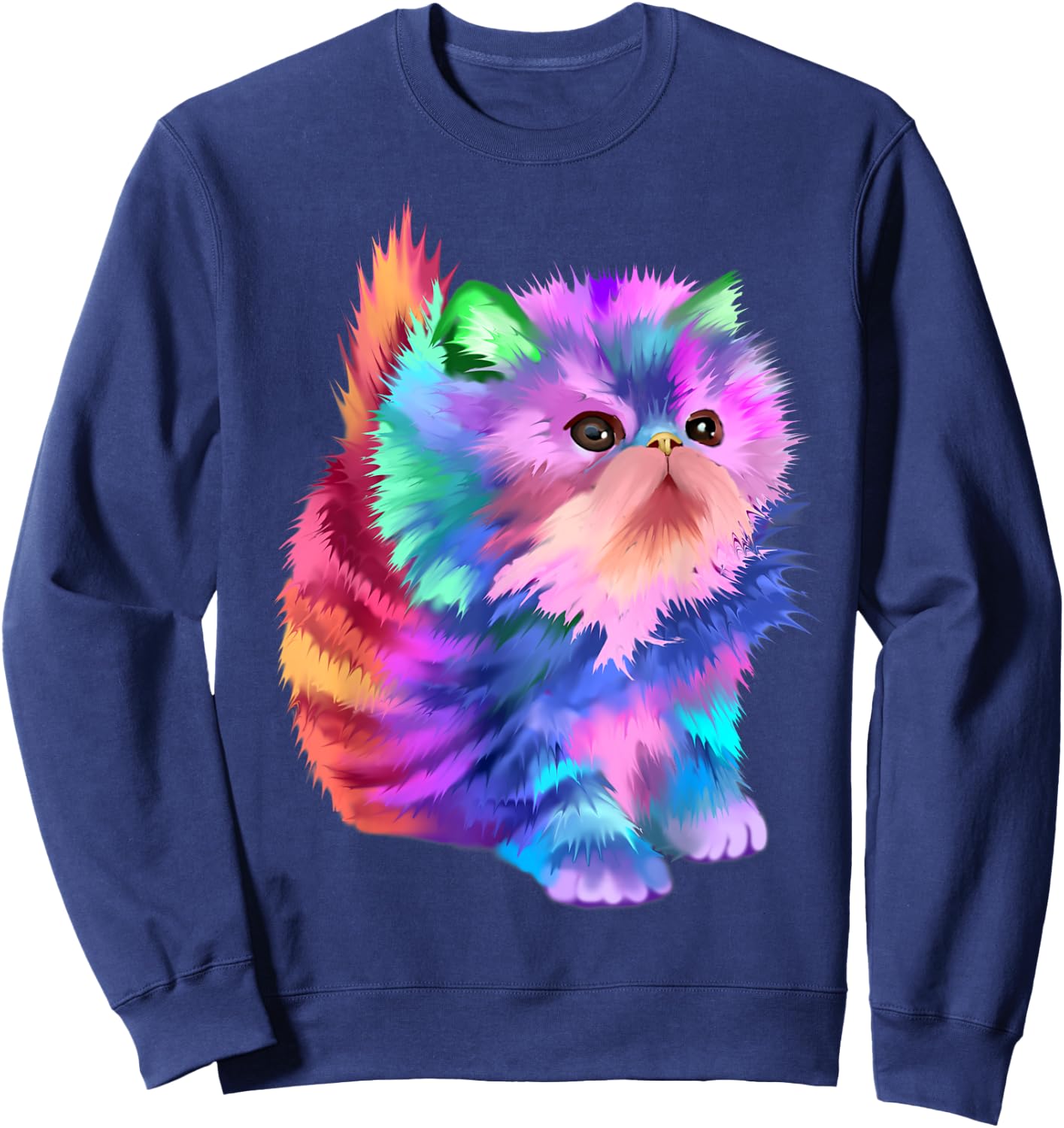 Starchild's Designs Women's Retro Rainbow Kitten Rave Psychedelic Cat Sweatshirt - Sweatshirt | Navy
