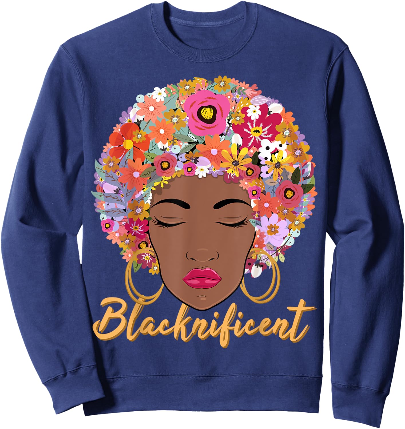 Blacknificient Floral Afro Hair African American Gift Women Sweatshirt - Sweatshirt | Navy